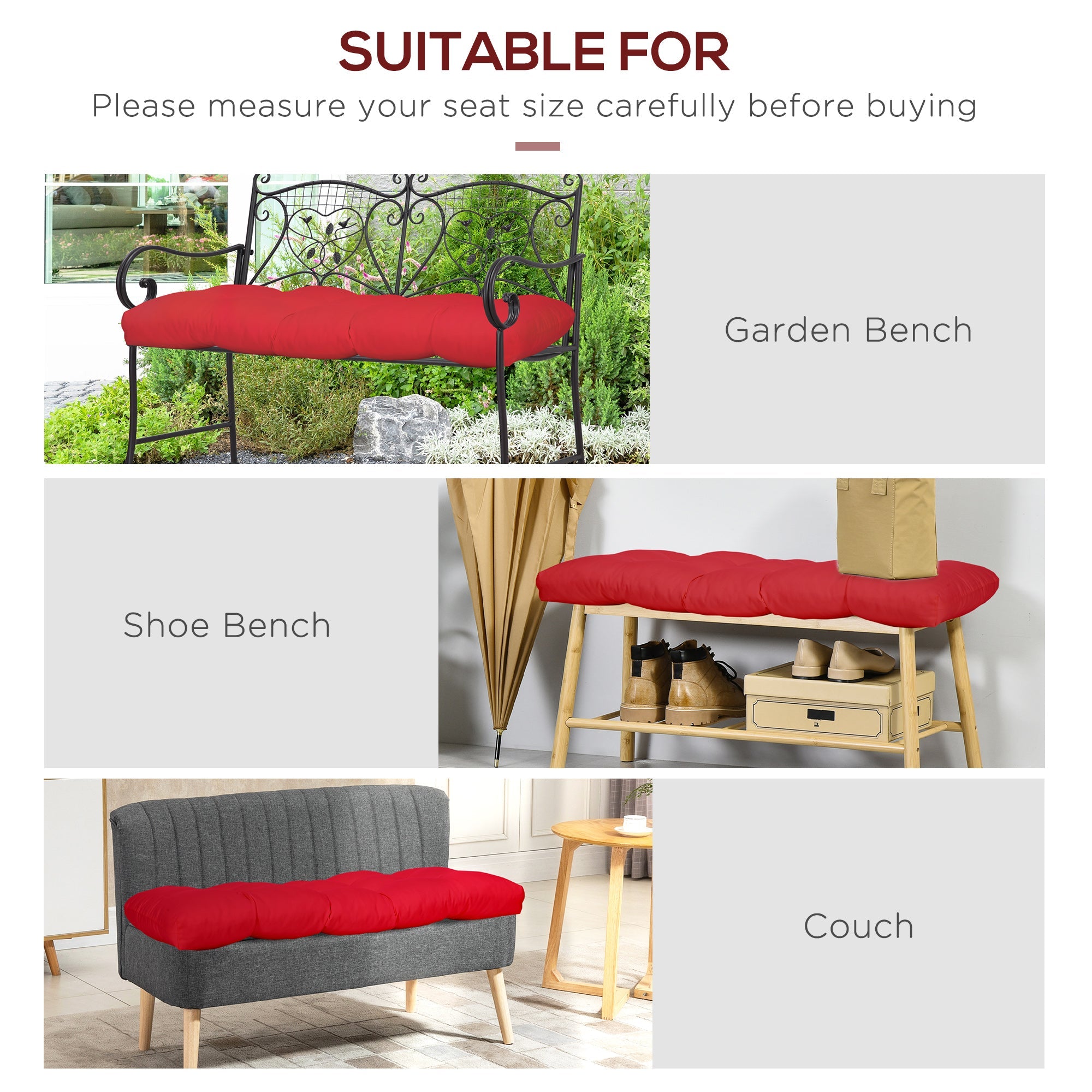 Outsunny 2-Piece Patio Bench Cushion Set Replacement Outdoor Loveseat Seat Pad Wine Red 43" x 19" x 3"
