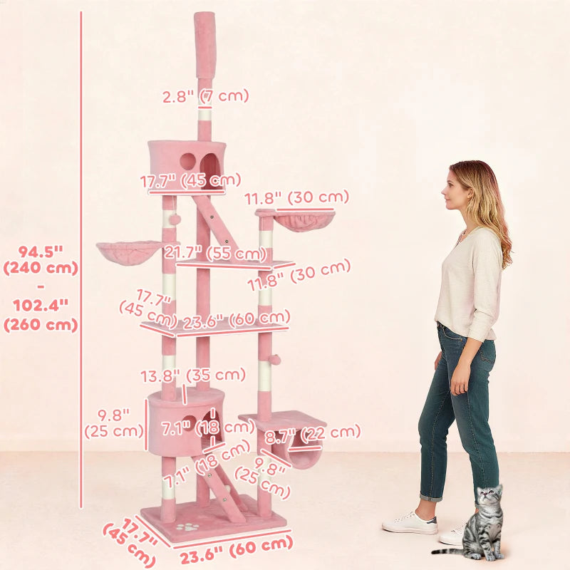 94"-102" Floor to Ceiling Cat Tree High Cat Condo Scratching Post Activity Center Multi-Level Play House Pink