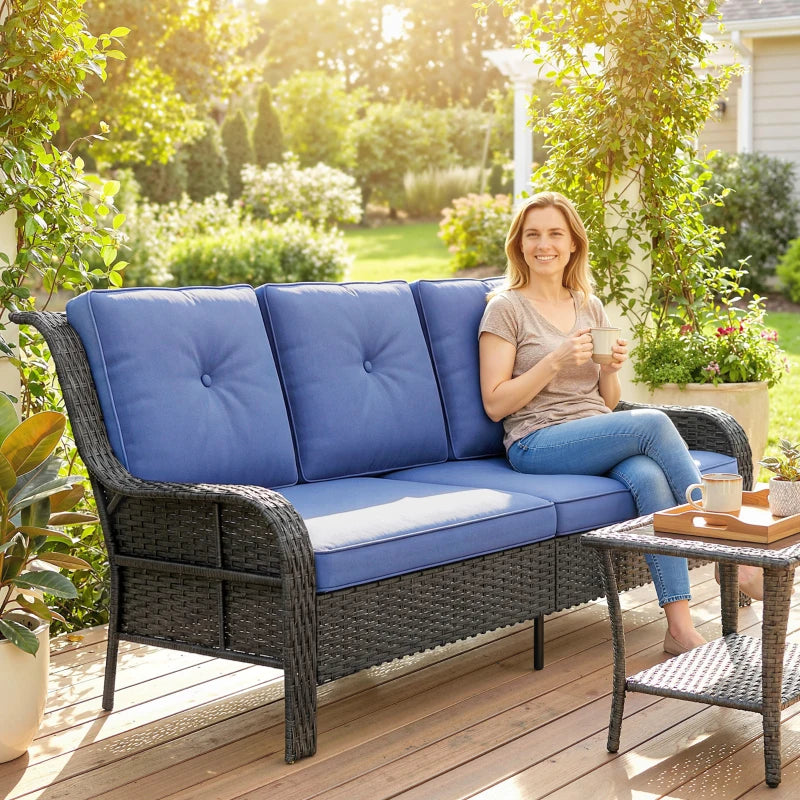 Wicker Patio Sofa with Cushions, 3 Seater Rattan Outdoor Couch for Patio, Garden, Porch, Backyard, Deep Blue