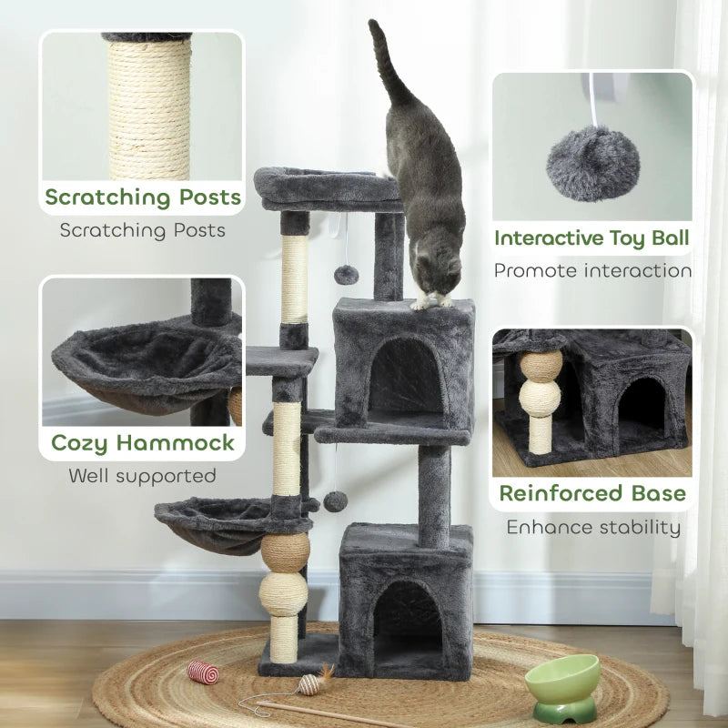 Cat Tower, 42" Multi-Level Cat Tree with Padded Plush Perch, Hammock, 2 Door Condos, Scratching Posts, Toy Balls
