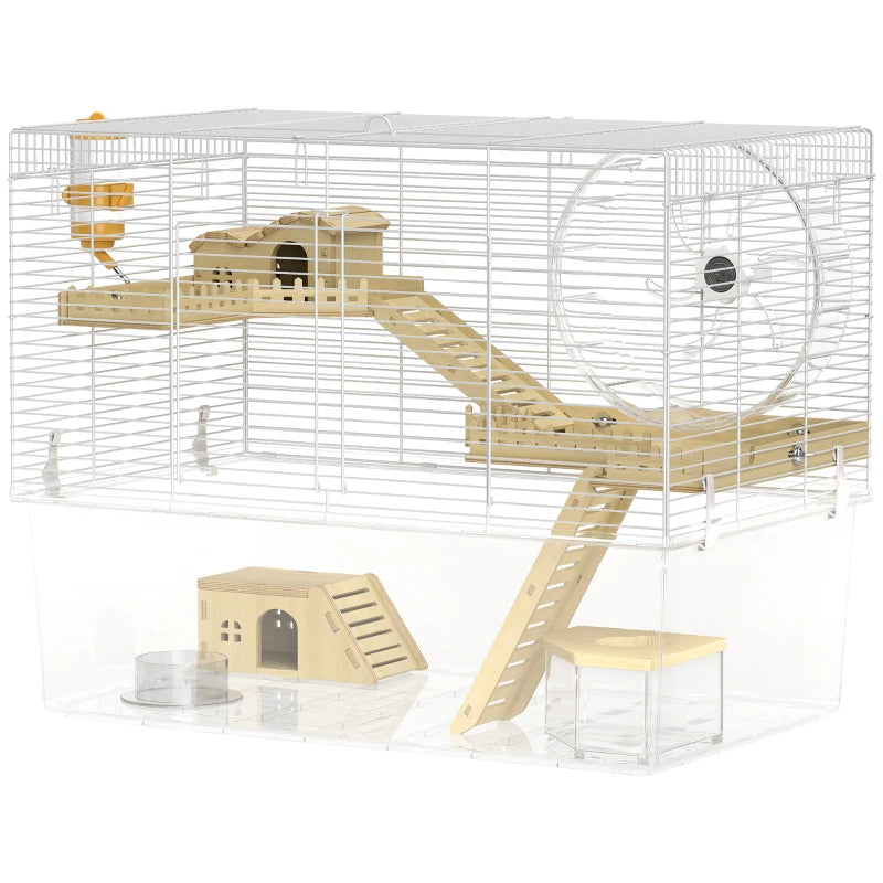 Hamster Cage with Deep Bottom, Wooden Ramp, Hut, Bathroom and Exercise Wheel for Hamster and Gerbil, White