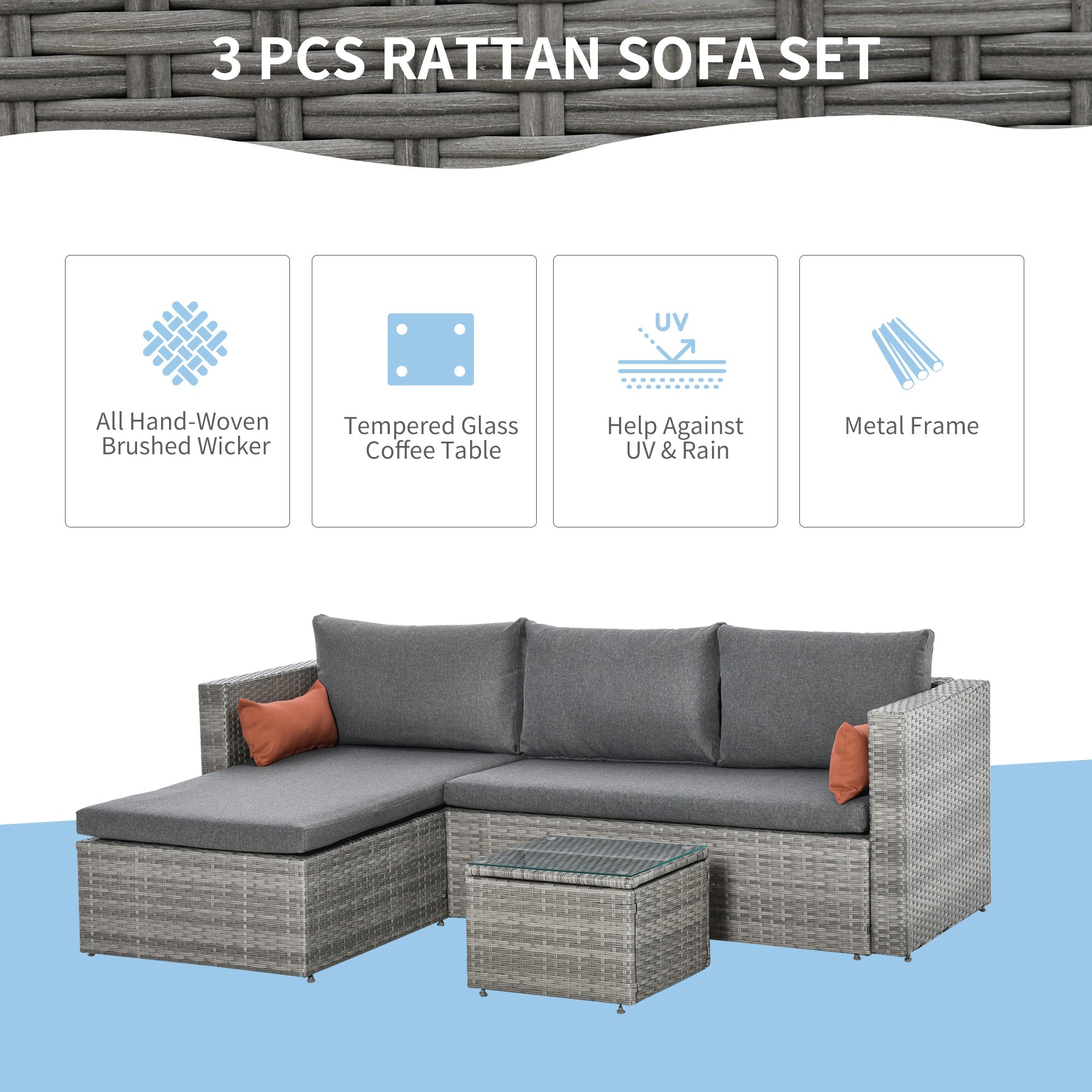 Outsunny 3 Piece Wicker Patio Furniture Set Outdoor Sectional Conversation Couch with Cushions Table Grey