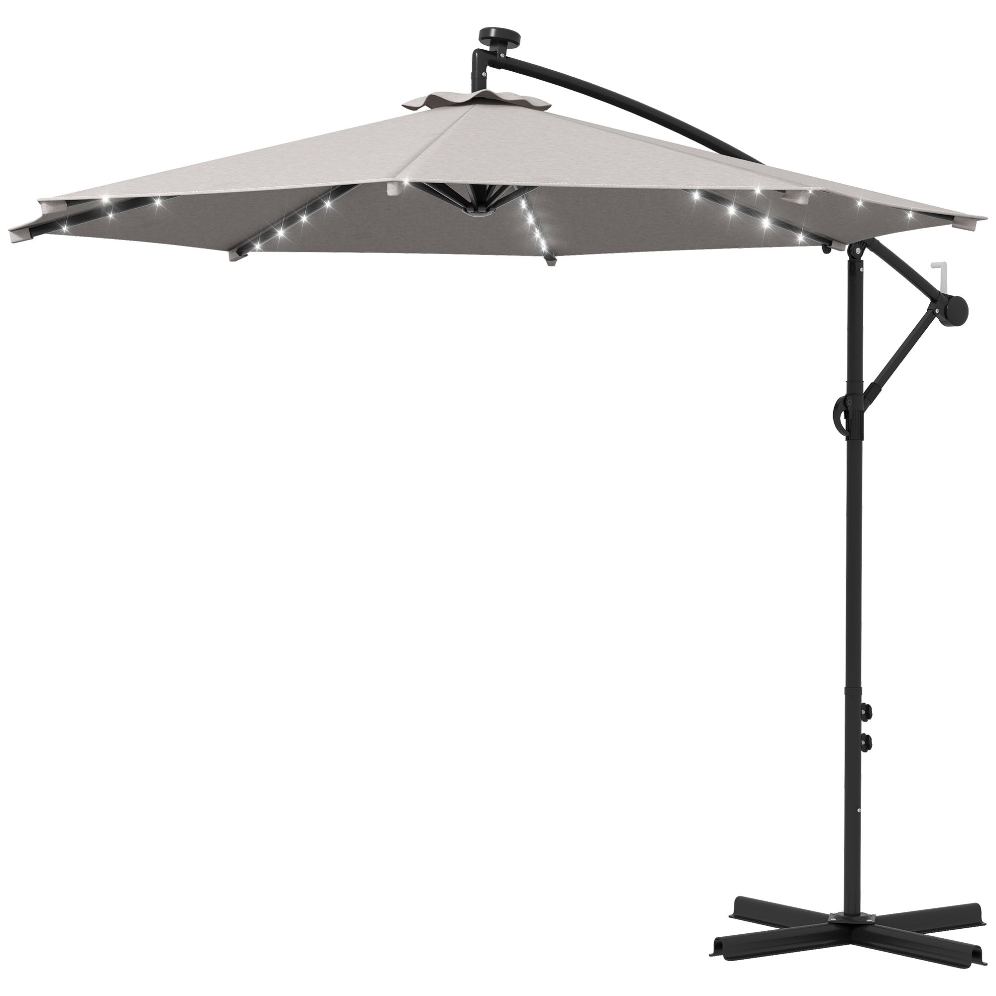 Outsunny Cantilever Umbrella: 10ft Outdoor Banana with Solar Lights Adjustable Angle Light Grey