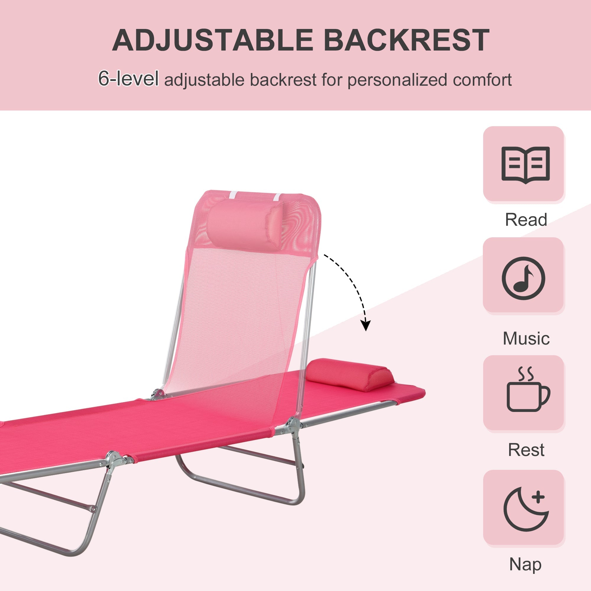 Outsunny Outdoor Lounge Chair, Portable Reclining Seat, Folding Chaise Lounge, Tanning Chair Bed with Pillow, Pink