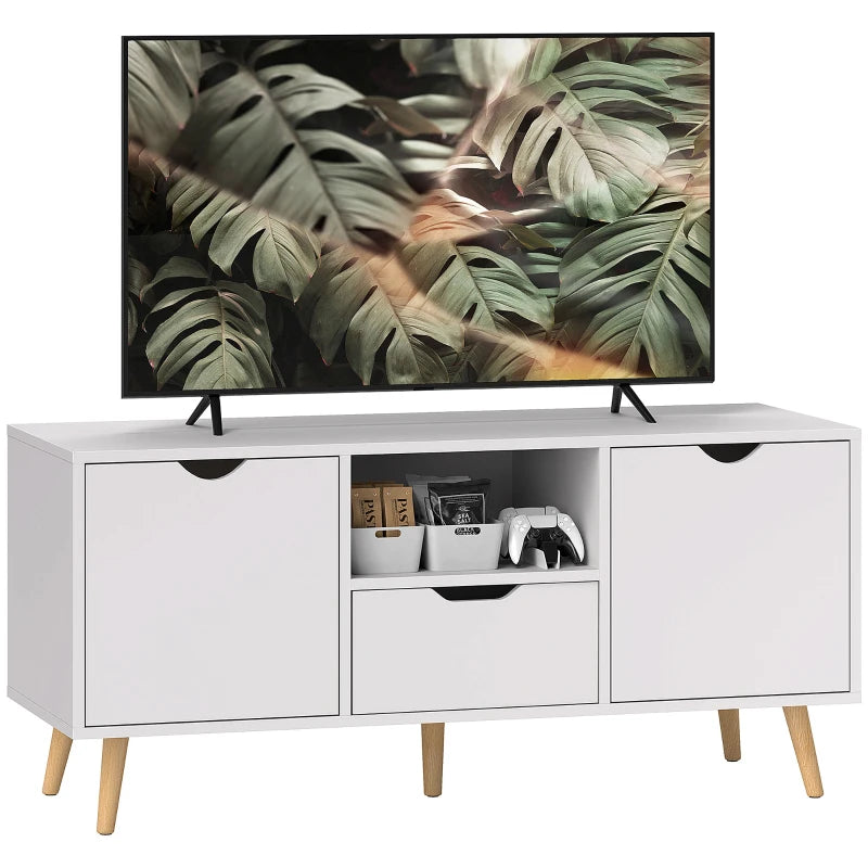 TV Stand with Storage for up to 50" TV, Modern TV Table with Open Shelf, Drawer and 2 Cabinets, White