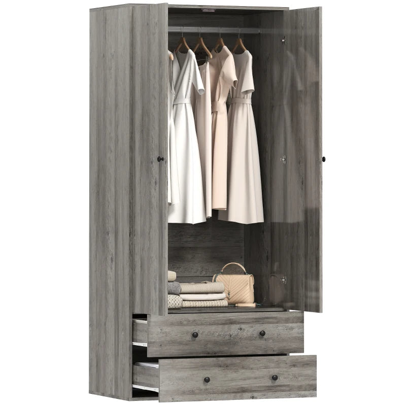 Modern Wardrobe Closet Armoire with 2 Drawers and Hanging Rod, Clothes Storage Organizer for Bedroom, Grey