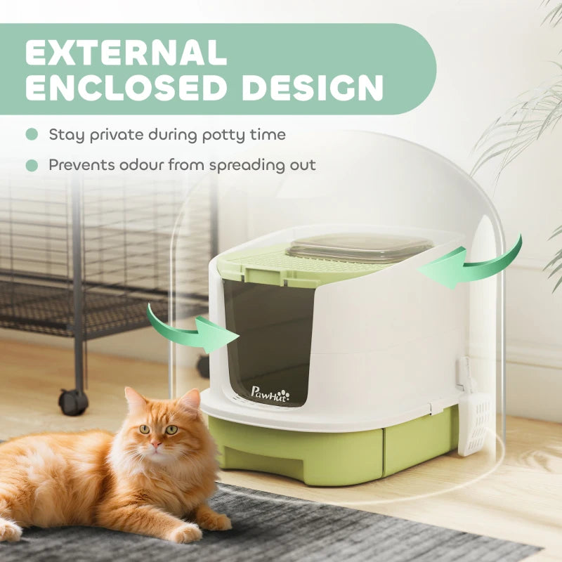 Enclosed Cat Litter Box with Lid, Scoop, Top Entry, Deodorization Bags, Drawer Type Cat Litter Tray, Easy to Clean, Green