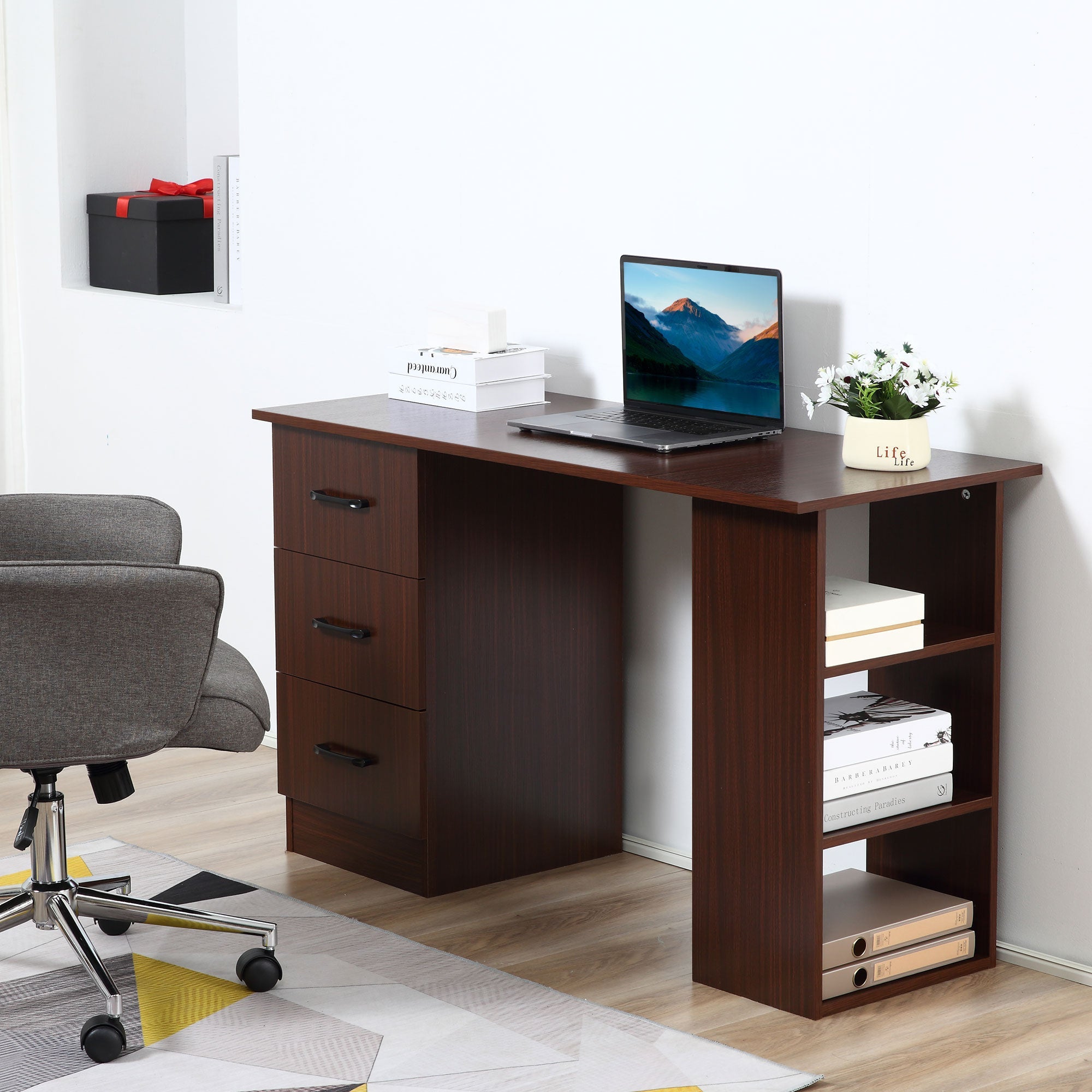 HOMCOM 47" Walnut Home Office Desk with 3-Tier Storage Shelves & Drawers - Elegant Study Writing Table