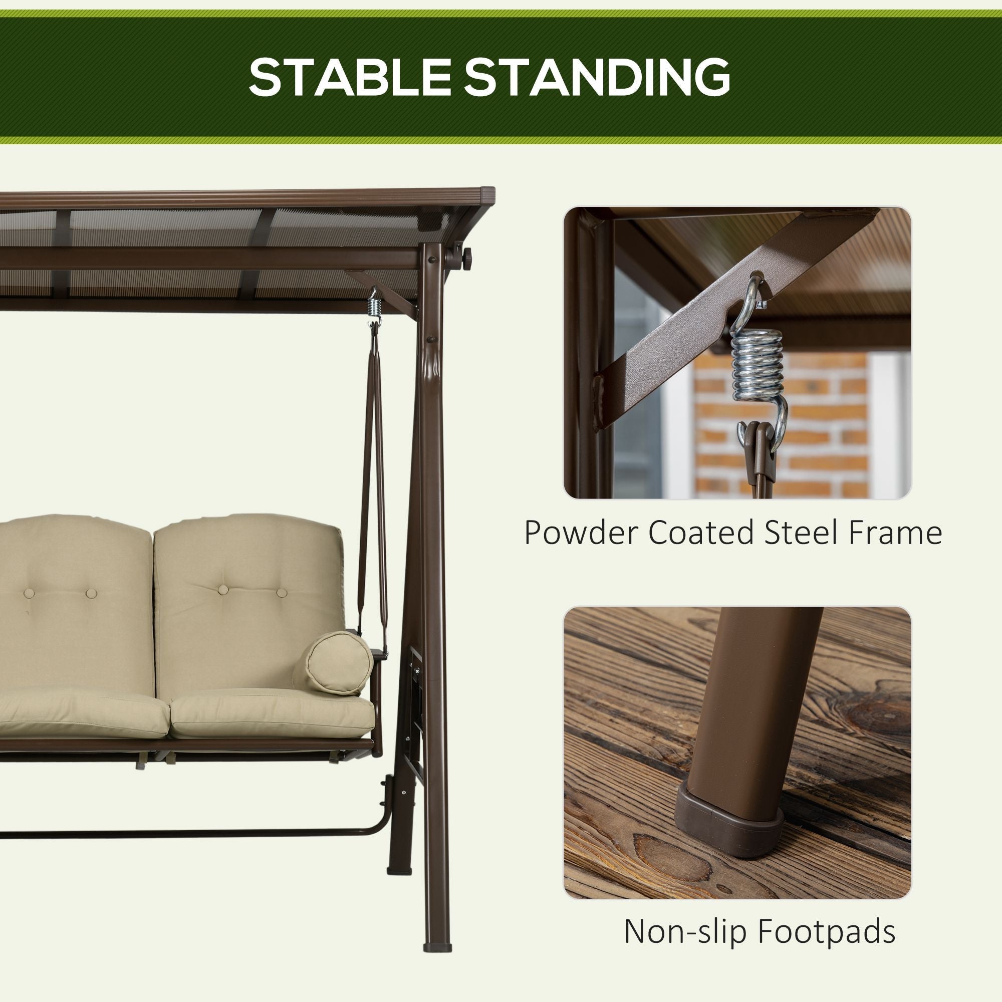 Outsunny 3-Seat Outdoor Canopy Swing Chair, Comfortable Glider with Cushion & Pillows, Adjustable Polycarbonate Roof for Porch