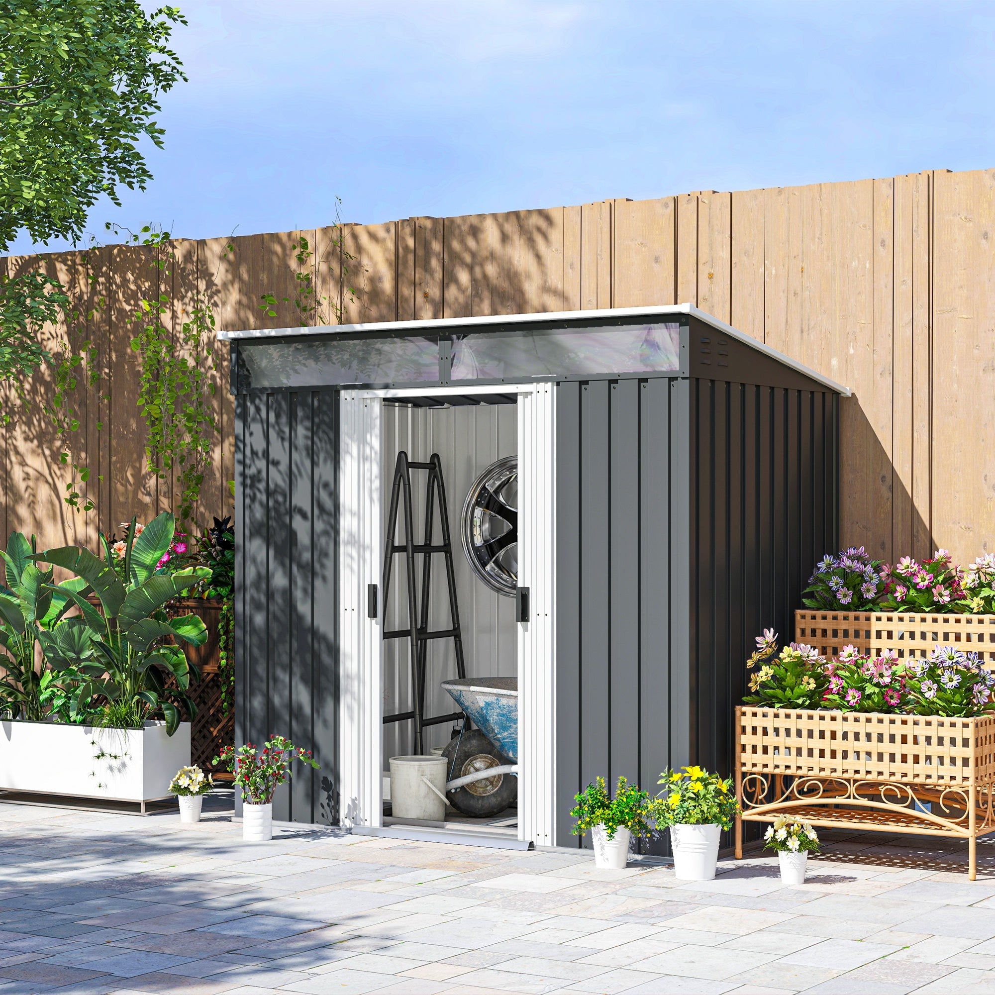 Outsunny 6.5x4FT Metal Shed - Galvanized, Lockable Storage with Sliding Doors & Vents in Grey, Ideal for Garden Tools