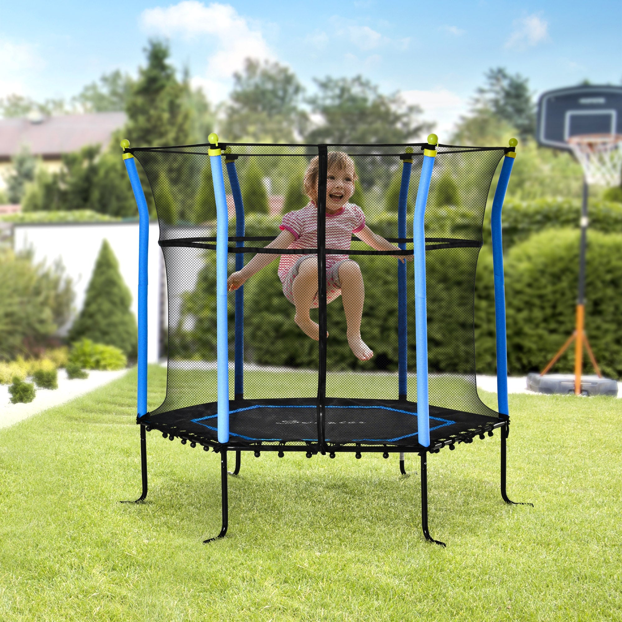 Soozier 63" Kids Trampoline Mini Indoor/Outdoor Bouncer Jumper Enclosure Net Elastic Thick Padded Pole 3-10 Years Blue