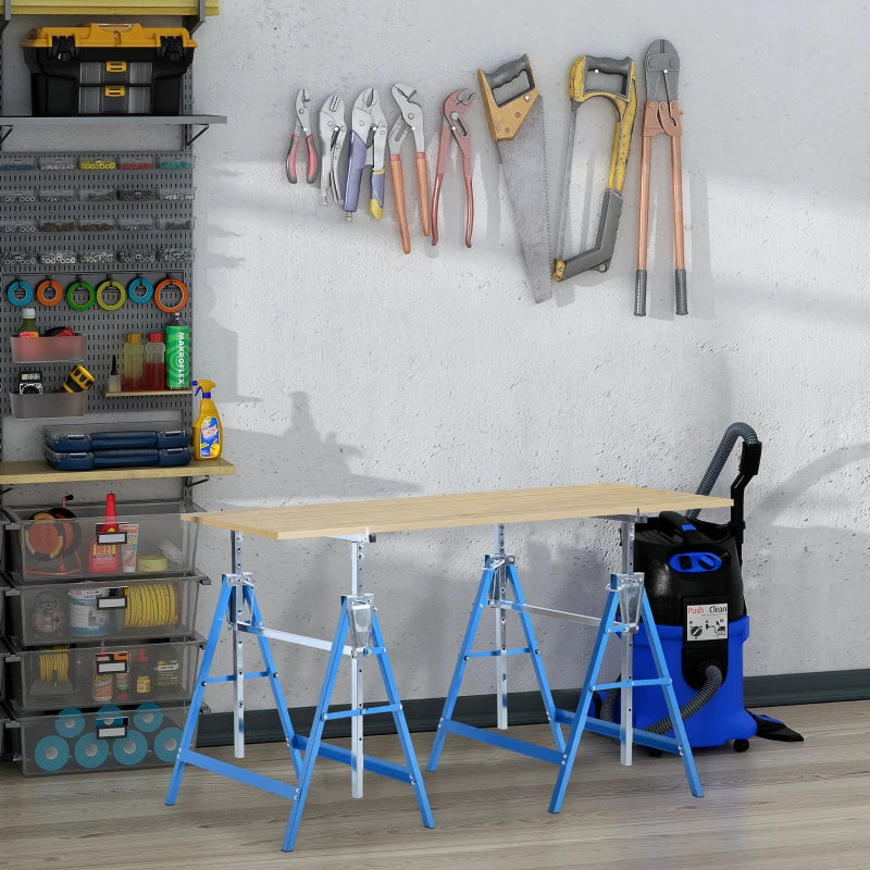 Set of 2 Adjustable Telescopic Builders Trestle, DIY Steel Work Bench Carpenter, Folding Saw Horse Tools Blue