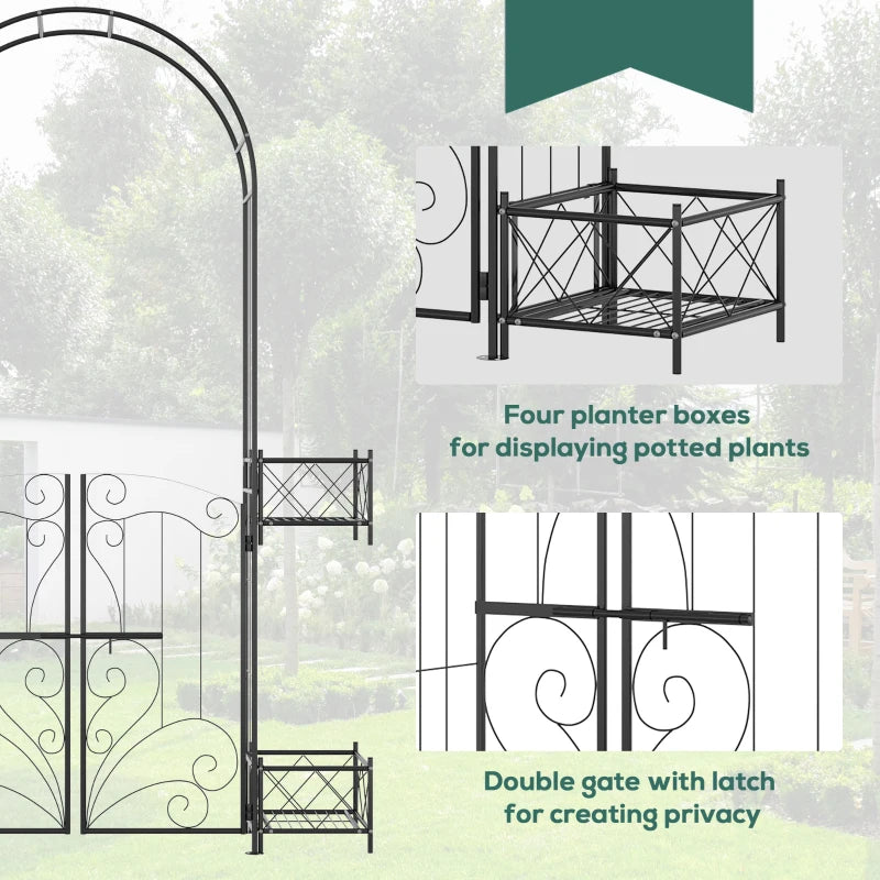 7.1FT Metal Garden Arch with Gate and 4 Planter Boxes, Garden Arbor Trellis for Climbing Plants, Outdoor Wedding, Decoration, Bridal Party, Black