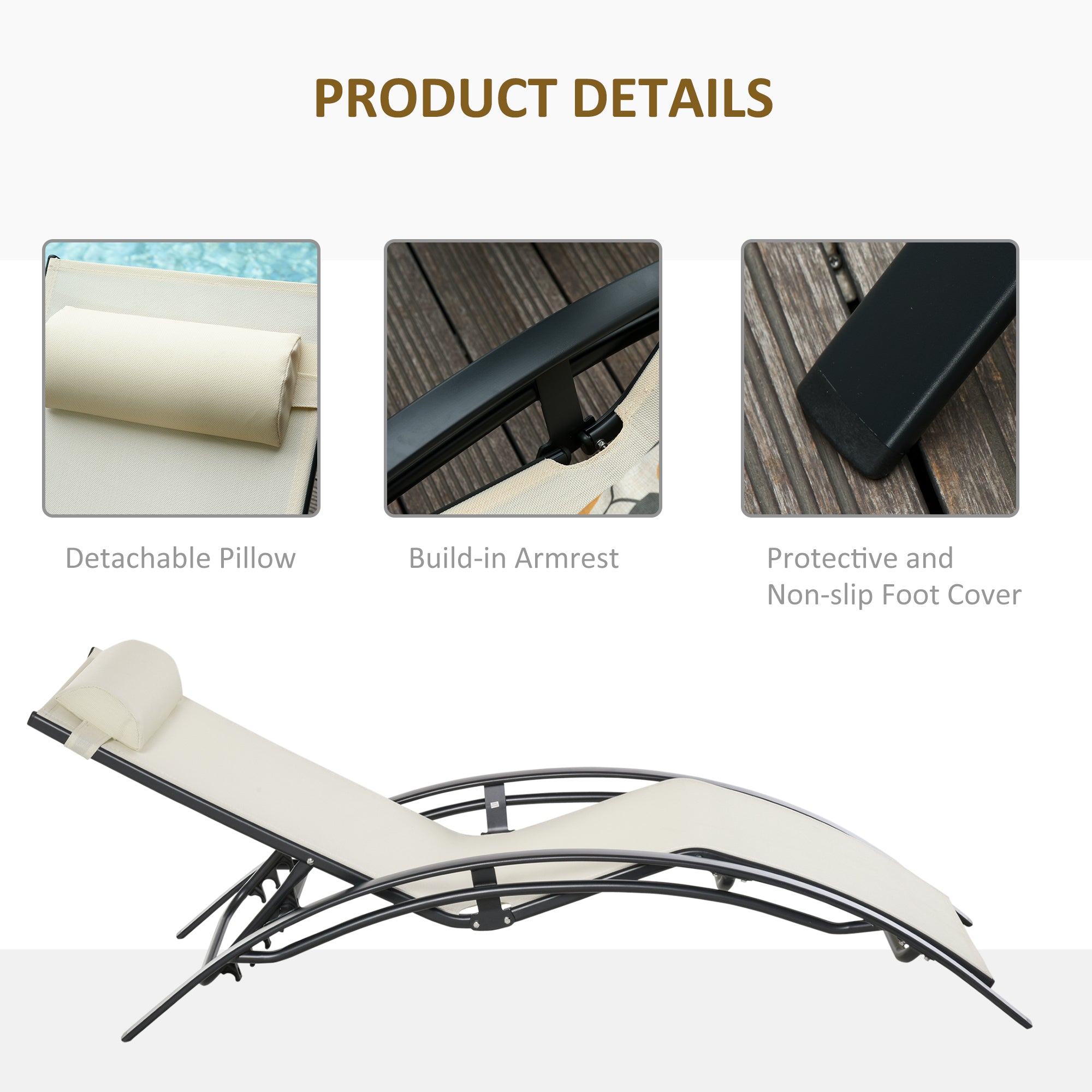 Outsunny Patio Reclining Lounge Chair Outdoor Aluminum Tanning Chair with Adjustable Backrest and Head Pillow Beige