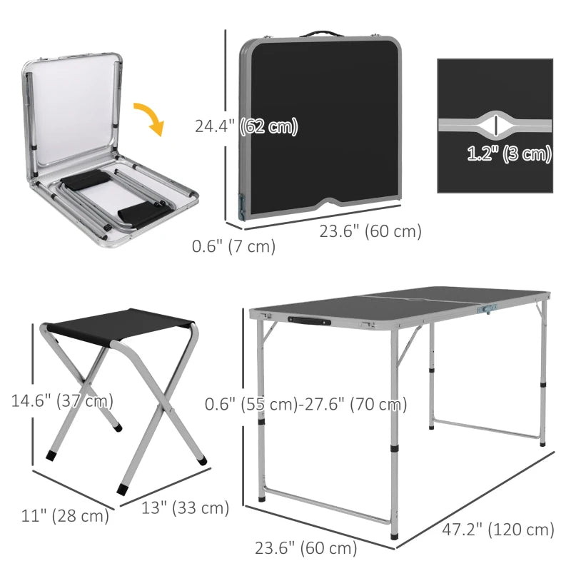 Folding Picnic Table Camping Table and Chairs Use for BBQ Picnic Garden Parties 47.2" L x 23.6" W x 21.7" -27.6" H Black