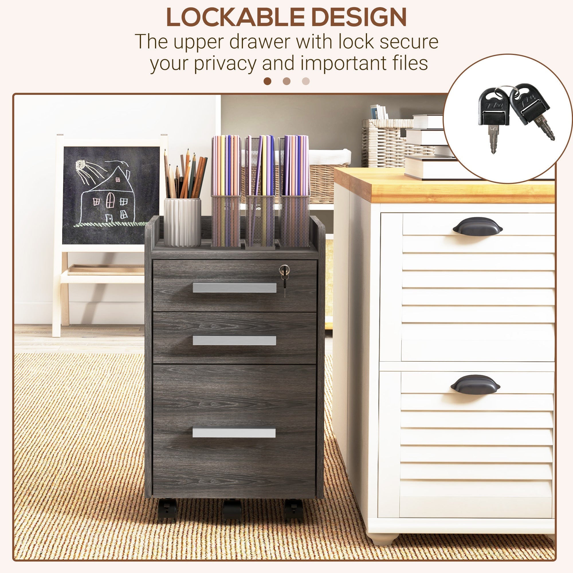 HOMCOM 3 Drawer Vertical Mobile Filing Cabinet with Lock and Wheels for A4 Letter Size Grey