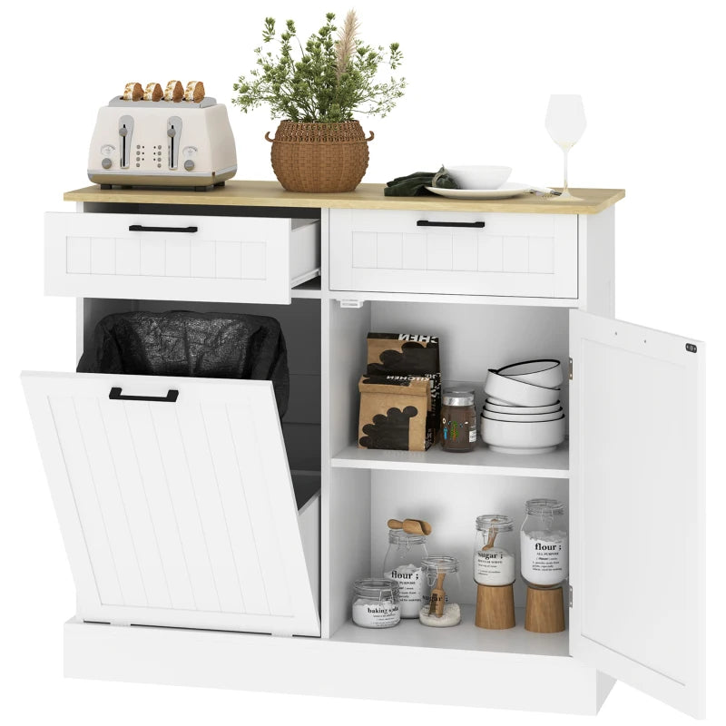 Hidden Garbage Bin Cabinet, Tilt Out Trash Cabinet w/ 2 Drawers, Freestanding Kitchen Island for Laundry, White