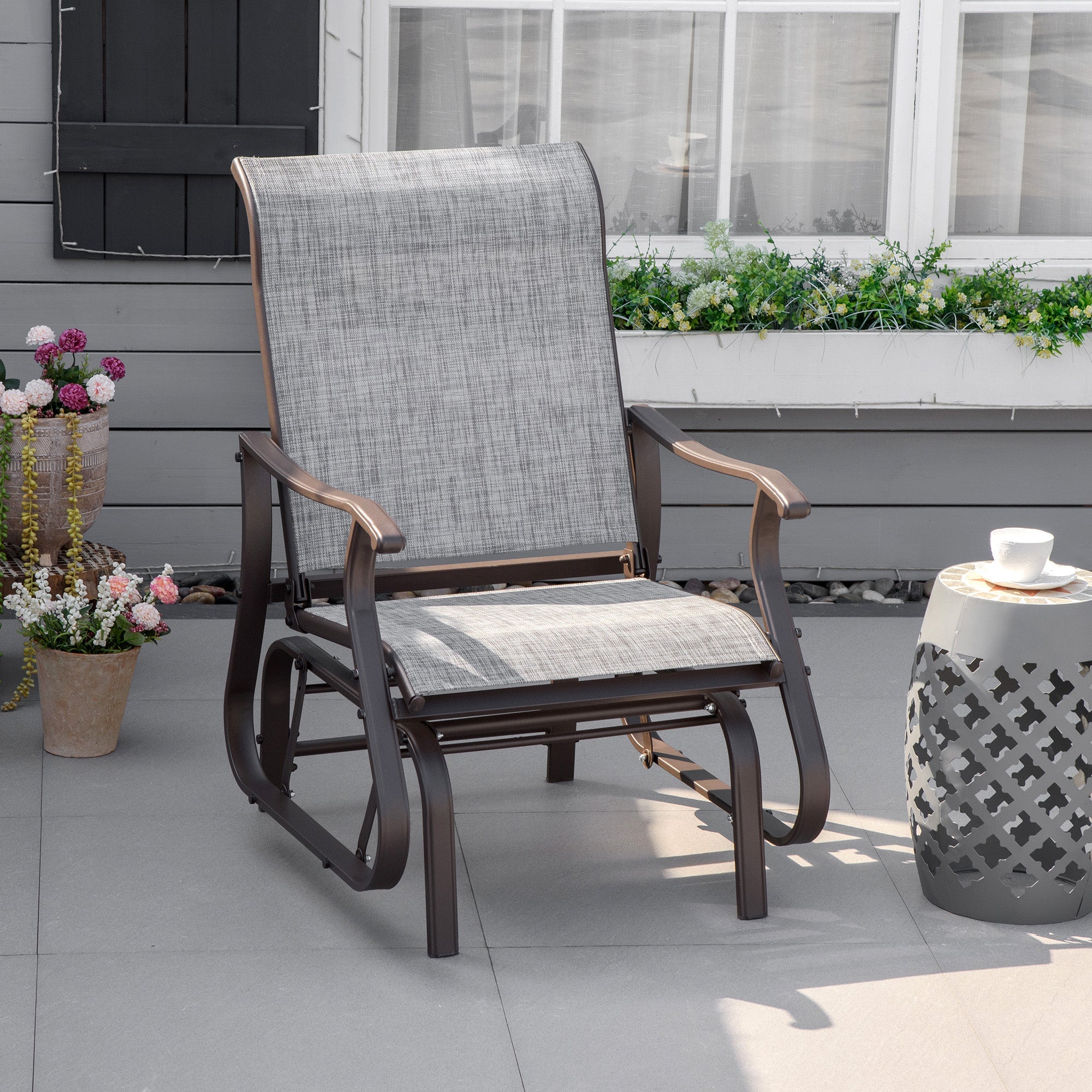 Outsunny Outdoor Glider Chair, Patio Glider with Steel Frame and Mesh Fabric, Garden Chair for Backyard, Garden, and Porch, Grey