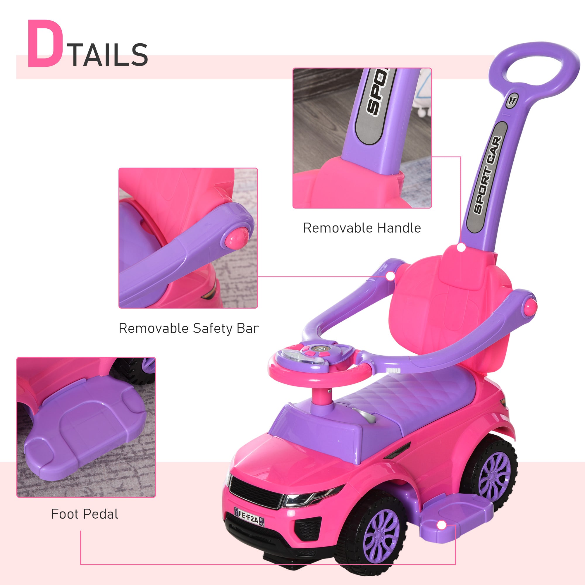 Aosom 3 In 1 Kid Ride on Push Car Stroller Sliding Walking Car with Horn Music Light Function Secure Bar for 1-3 Years Old Pink