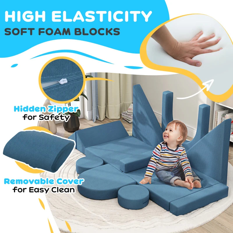 Qaba 12-Piece Modular Kids Play Couch Building Fort for Playroom Bedroom, Convertible Kids Sofa, Blue