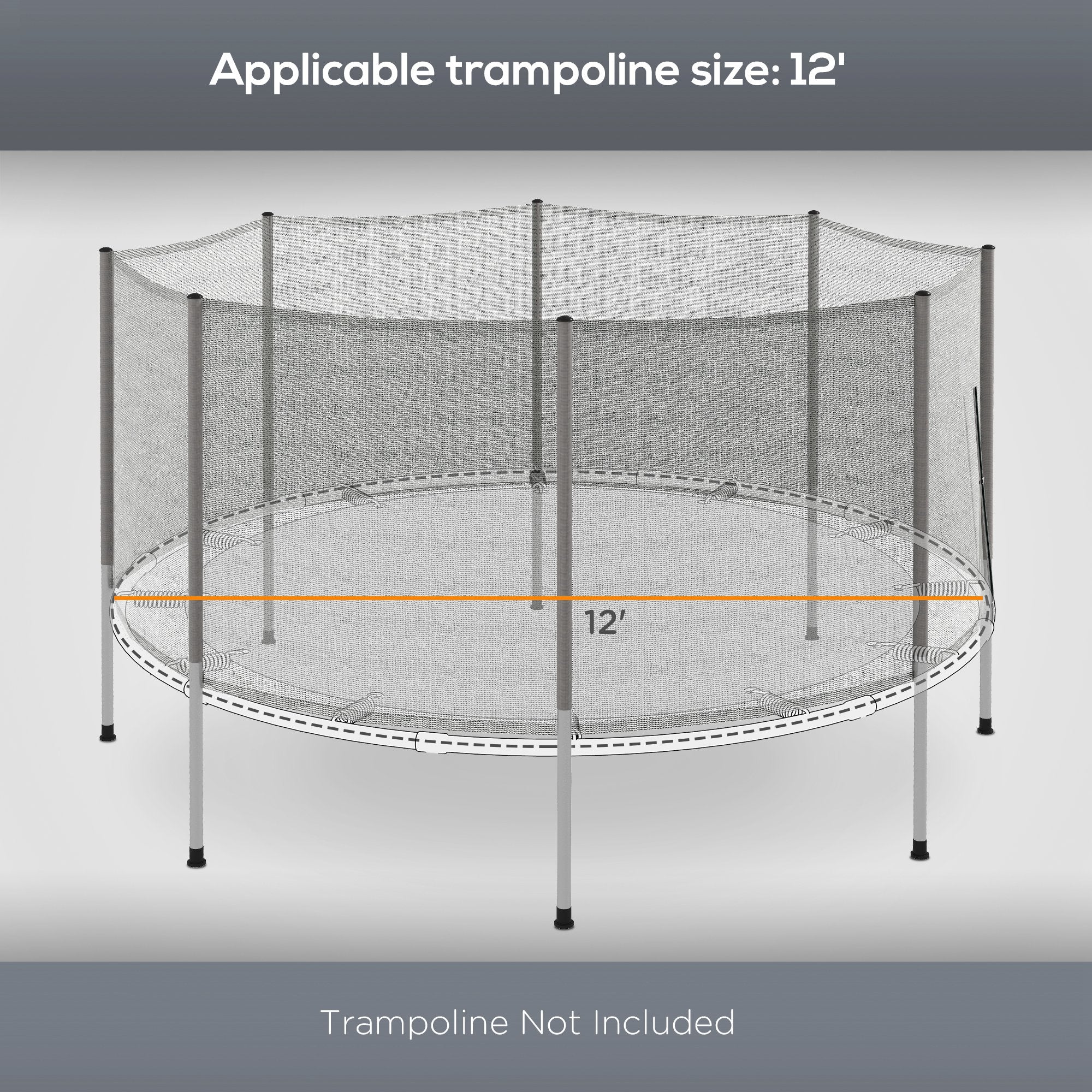 Soozier 12FT Trampoline Safety Net Enclosure with 8 Poles Replacement Protective Mesh Grey