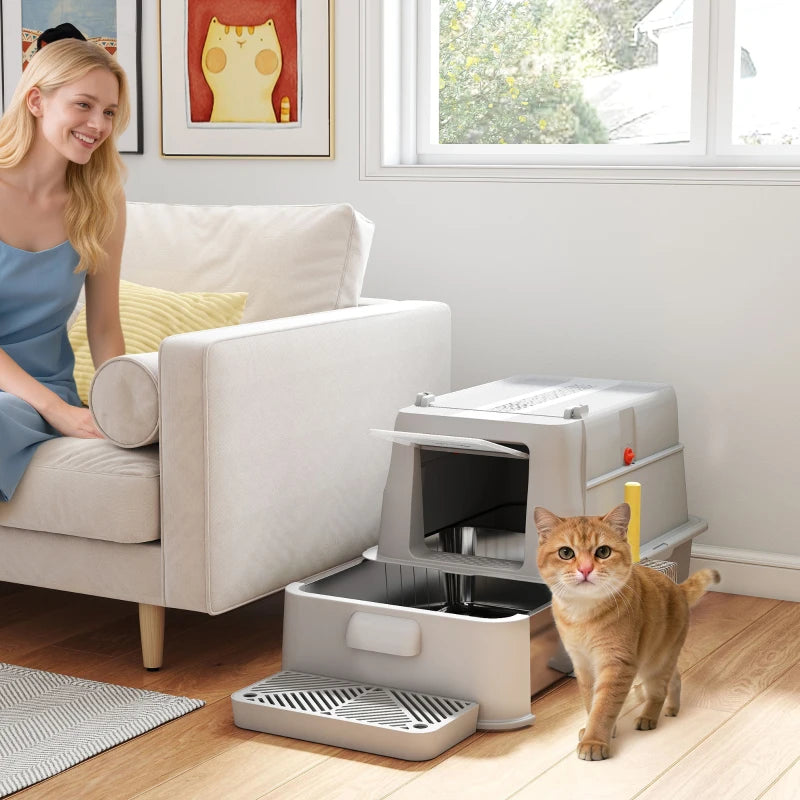 80L XL Stainless Steel Cat Litter Box for Big Cats with Flip Cover, Pull-Out Drawer Tray, High Sided, Pedal, Light Grey
