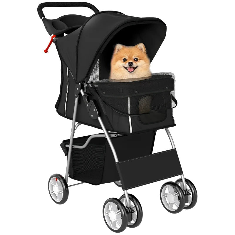 Pet Stroller with Reflective Strips, Foldable Cat Stroller with 360° Swivel Wheels for Small Dogs and Cats, Black
