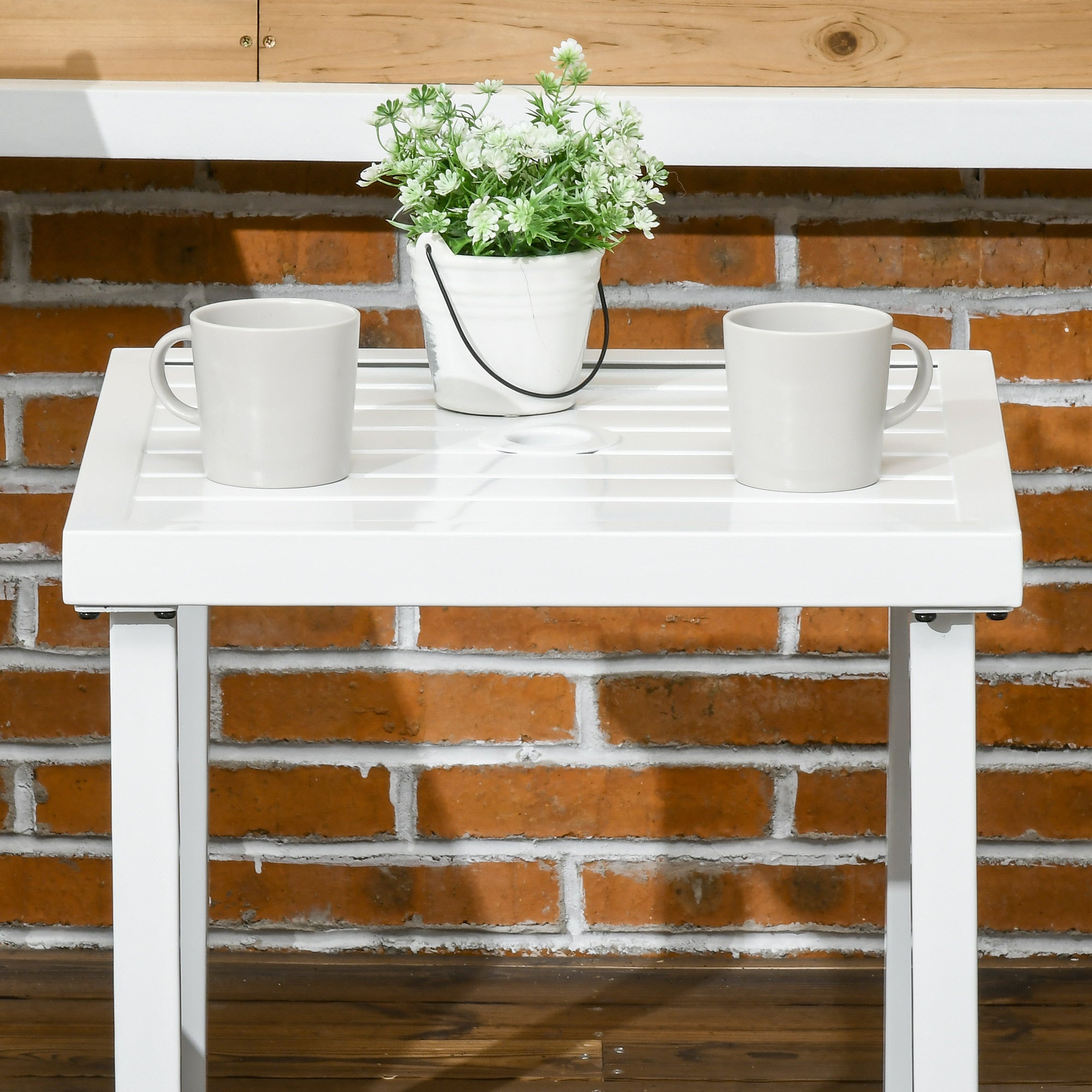 Outsunny Patio Side Table with Umbrella Hole Steel Frame Small Coffee Table White