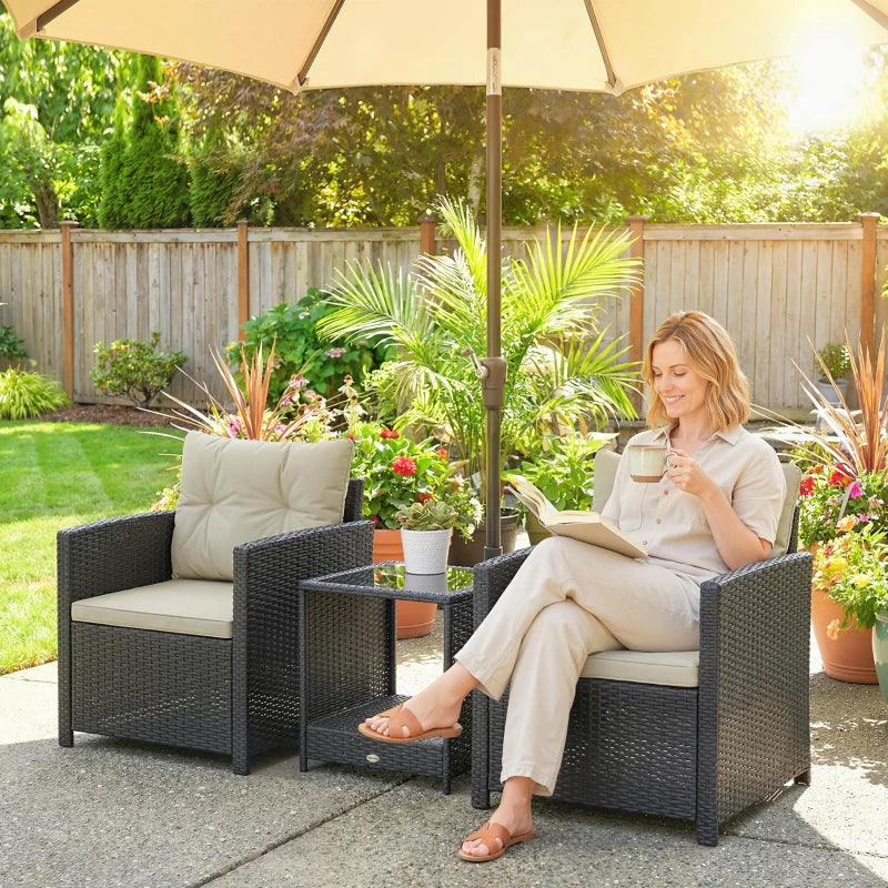 Outdoor Bistro Set, 3 Piece Wicker Patio Furniture Set with 2-Tier Glass Top Table, Cushions for Porch, Balcony, Beige