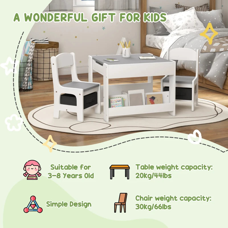 Qaba 3 Piece Kids Table and Chair Set with Reversible Tabletop, Blackboard, Storage, Bookshelf, for Playroom, Nursery, Grey