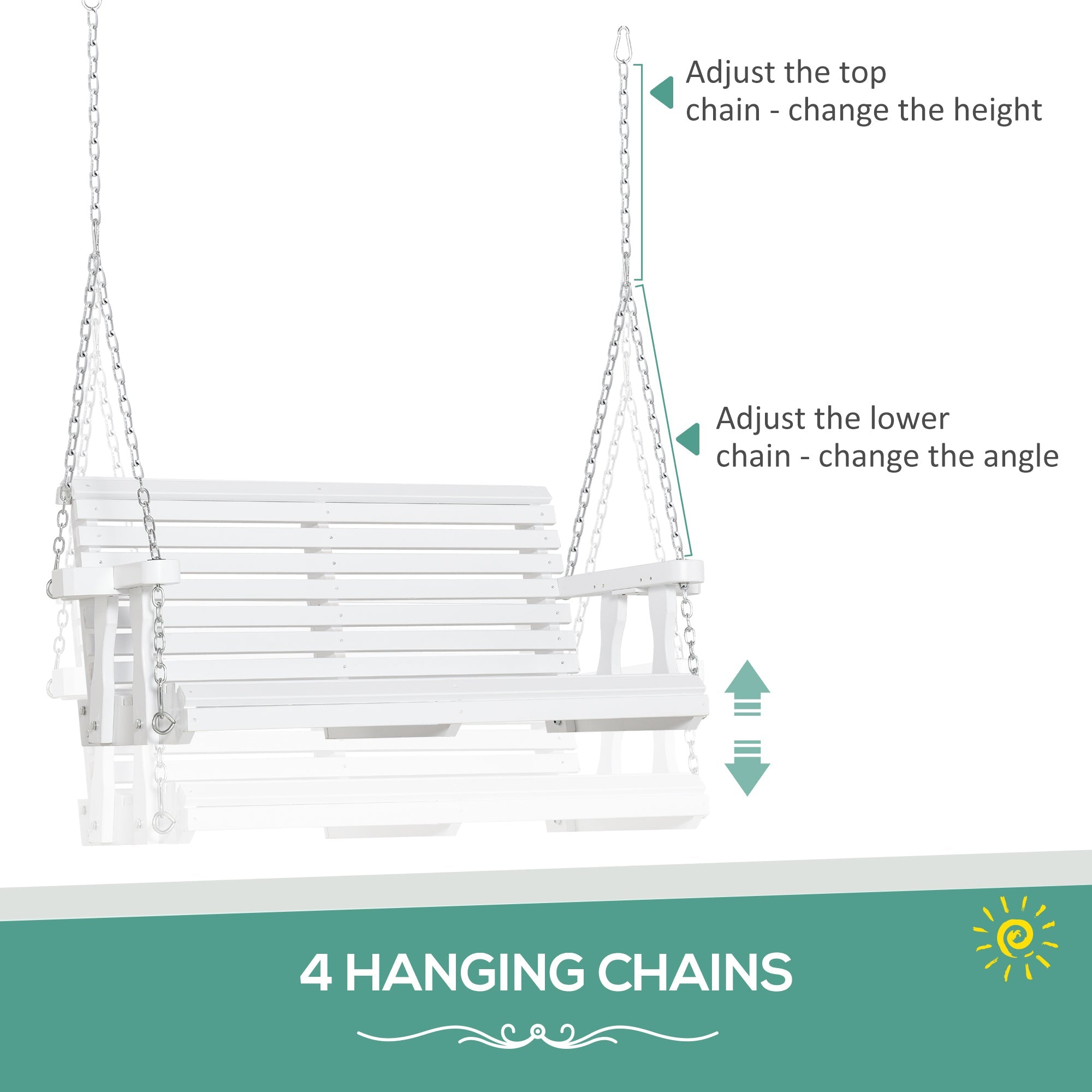 Outsunny 46" 2-Person Outdoor Porch Swing Bench with 2 Built-In Cup Holders & Chains Included, 550lb Weight Capacity, White