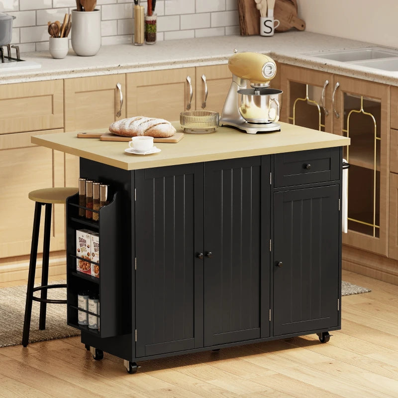 Kitchen Island Cart, Rolling Kitchen Island Table with Drop Leaf, Drawer, Spice and Towel Rack, Black