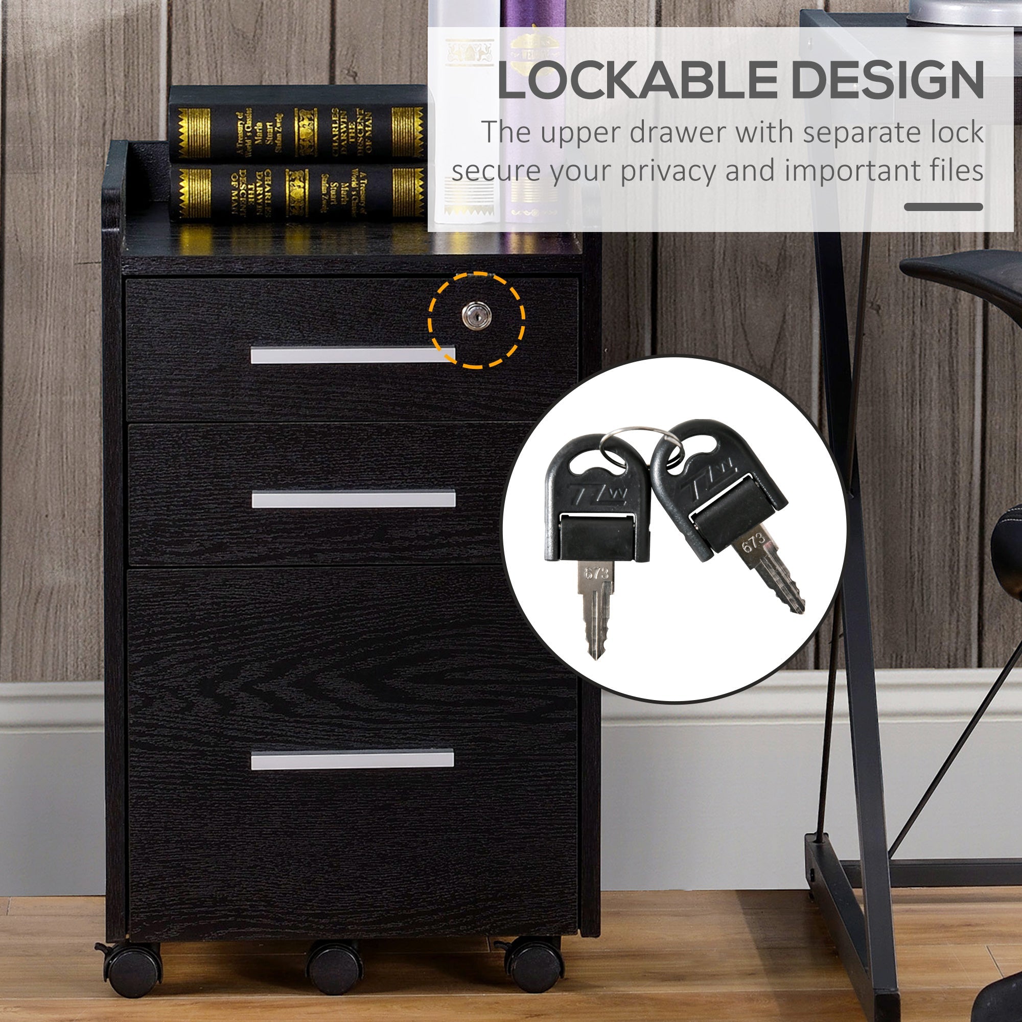 HOMCOM Mobile Filing Cabinet: 3-Drawer Vertical Unit with Lock & Wheels for Letter/Legal Docs, Black