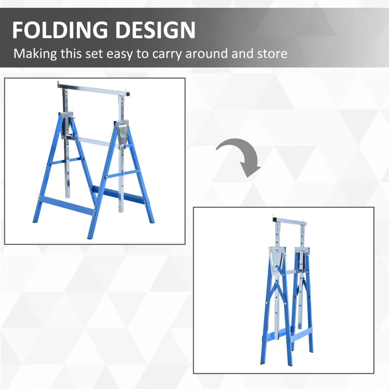Set of 2 Adjustable Telescopic Builders Trestle, DIY Steel Work Bench Carpenter, Folding Saw Horse Tools Blue