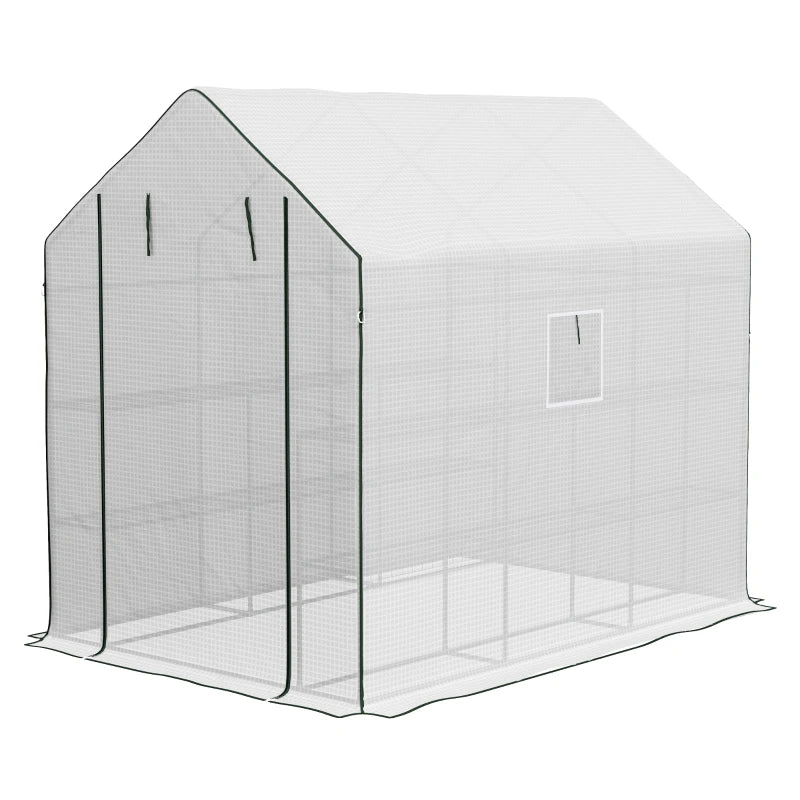 Walk-in Greenhouse with 3 Tier, Garden Plant Growhouse with Roll-up Door and Mesh Windows, 140 x 213 x 190 cm, White