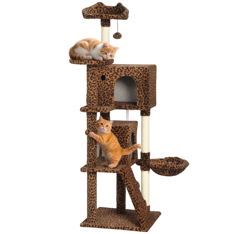63 Inch Cat Tree with Sisal Scratching Posts, Condos, Plush Perches, Hammock, Ladder, Dangling Balls, Leopard Print