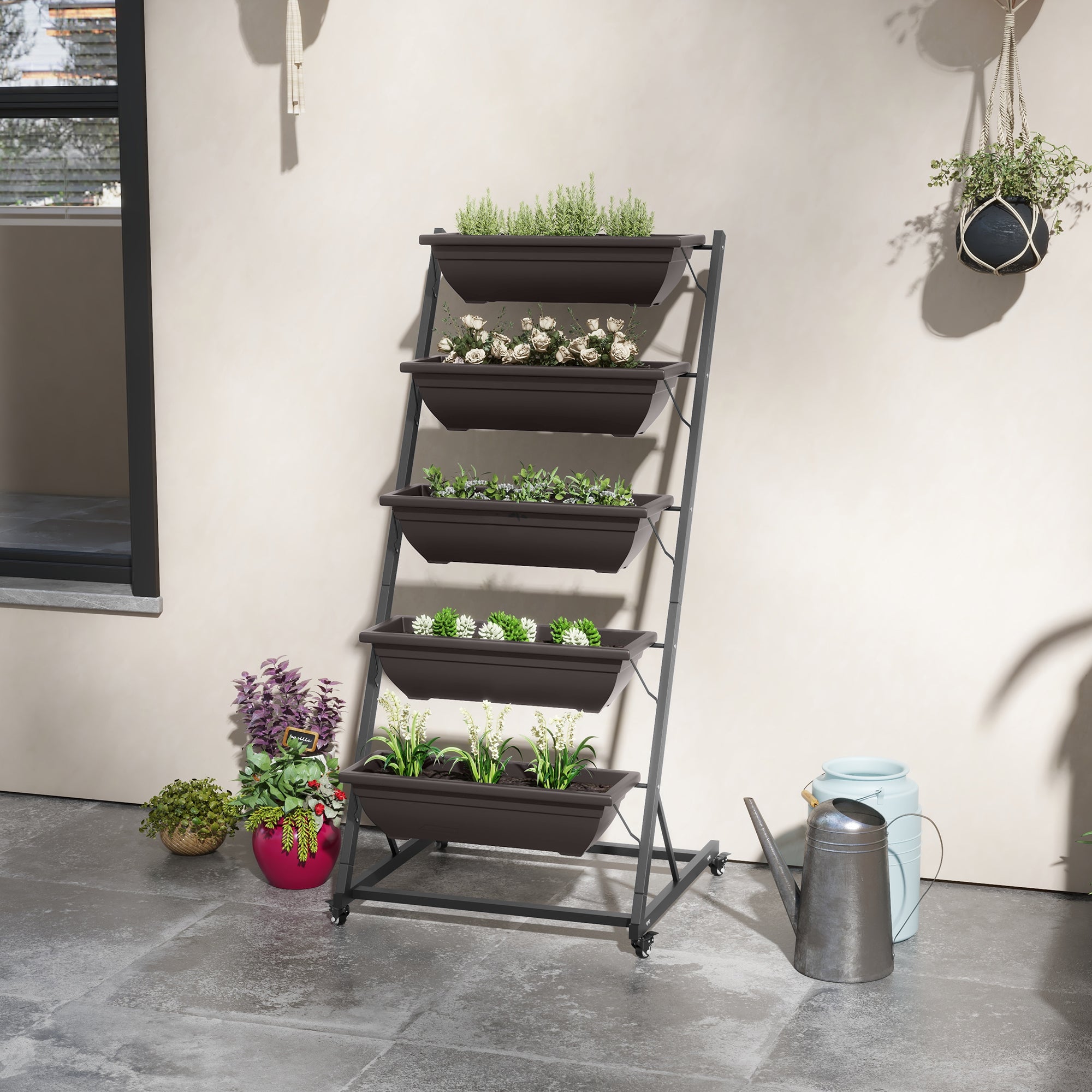 Outsunny Mobile 5-Tier Vertical Garden Planter with Wheels 5 Planting Boxes for Vegetables Flowers Brown Outdoor Stand