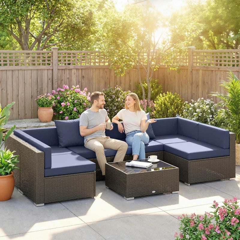 7pc Garden Wicker Sectional Set w/ Tea Table Patio Rattan Lounge Sofa Outdoor Deck Furniture Navy Blue