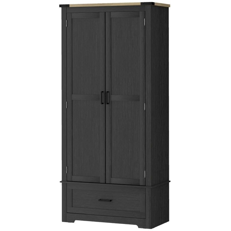 69" Tall Farmhouse Kitchen Pantry Cabinet with 2 Doors, Drawer and Adjustable Shelves, Black and Brown