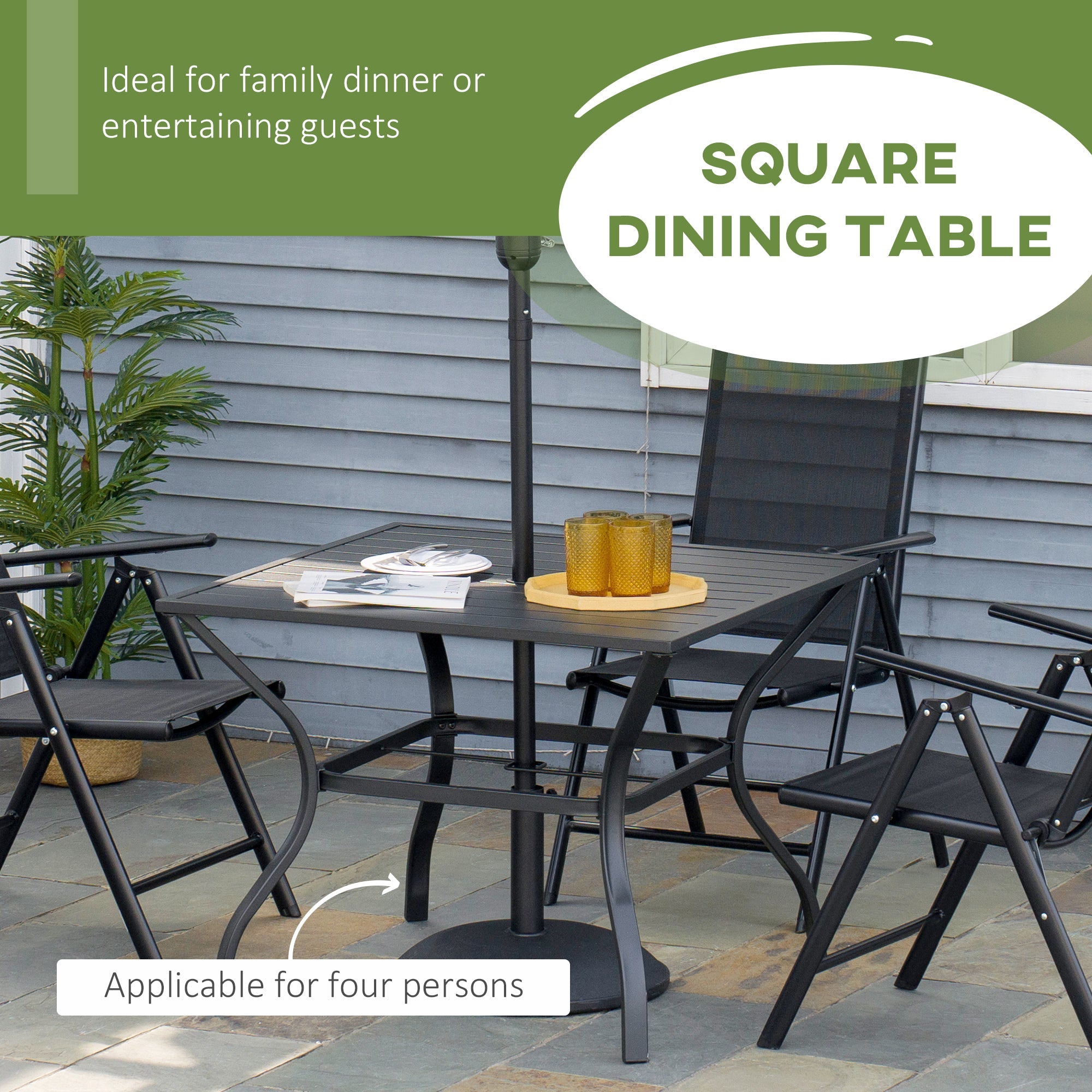 Outsunny Alfresco Dining: 4-Person Outdoor Dining Table with Parasol Hole, Patio Table, Slatted Metal Top for Garden Backyard, Black