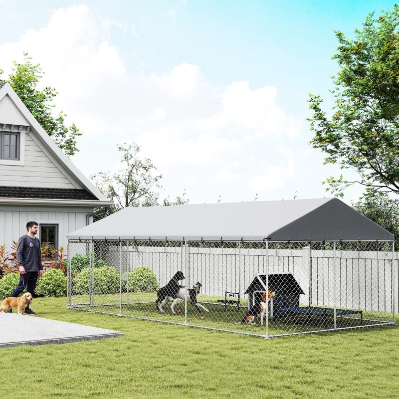 Galvanized Steel Outdoor Dog Kennel with Roof, Safety Locks, for Backyard, 19.7' x 9.8' x 7.1'