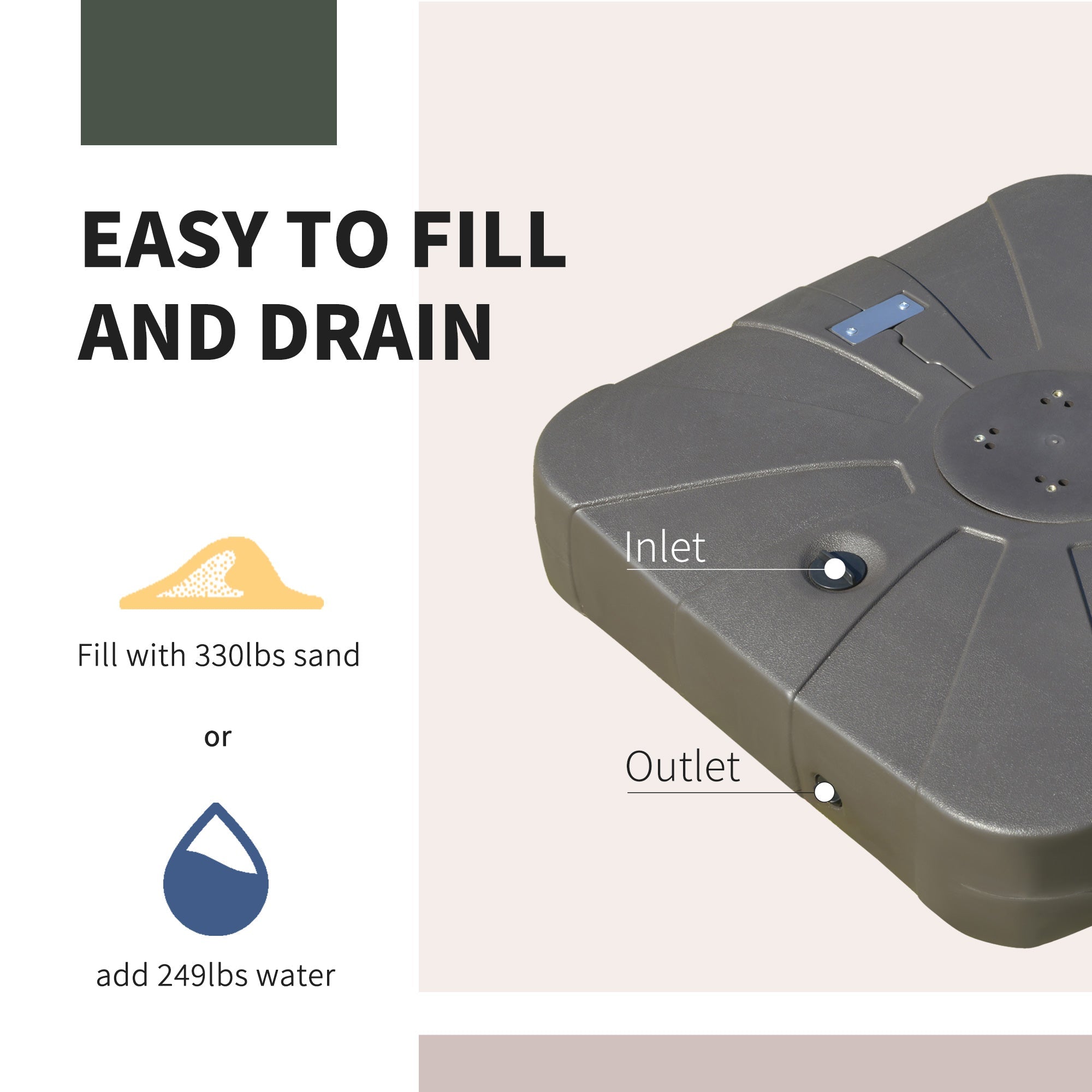 Outsunny Square Cantilever Patio Umbrella Base Water or Sand Filled with Wheels Crossbar Heavy-Duty Umbrella Stand