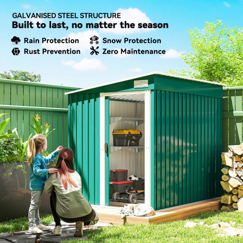 5'x7' Lean to Galvanized Metal Shed with Foundation, Garden Tool Storage House with Sliding Door and 2 Vents, Green