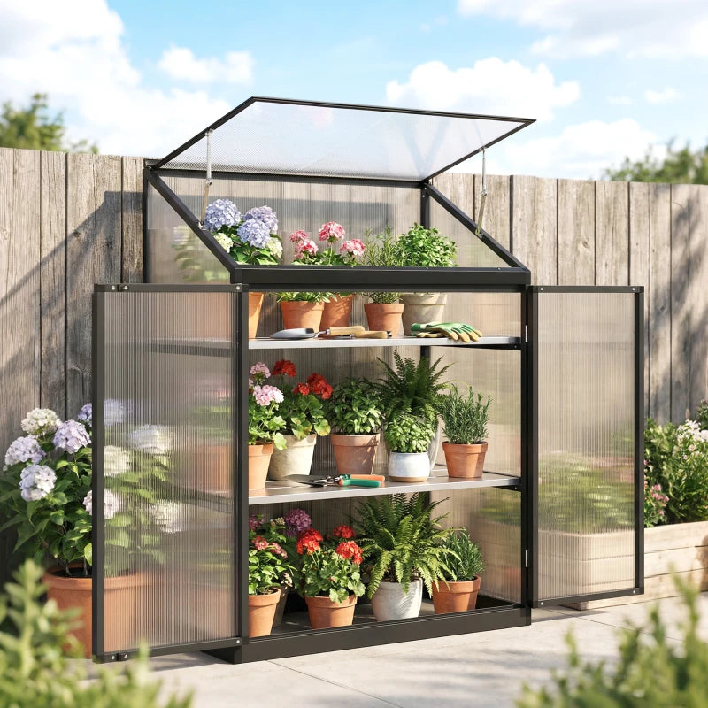 Polycarbonate Greenhouse with 2-Tier Shelves Gardening Green House for Patio Garden, Black