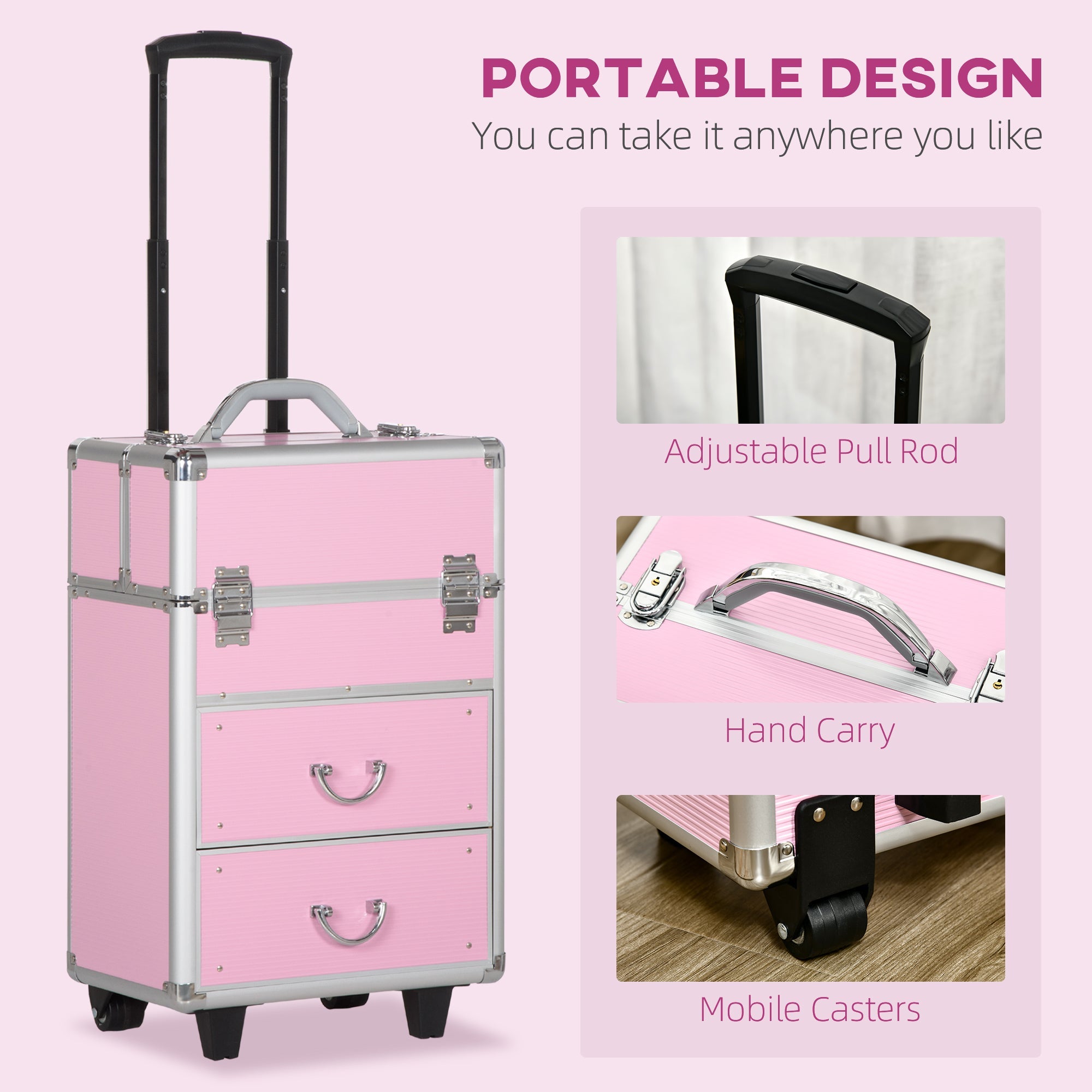 HOMCOM Large Cosmetic Trolley Rolling Makeup Train Case Storage Lockable Cart Pink with Folding Trays Swivel Wheels