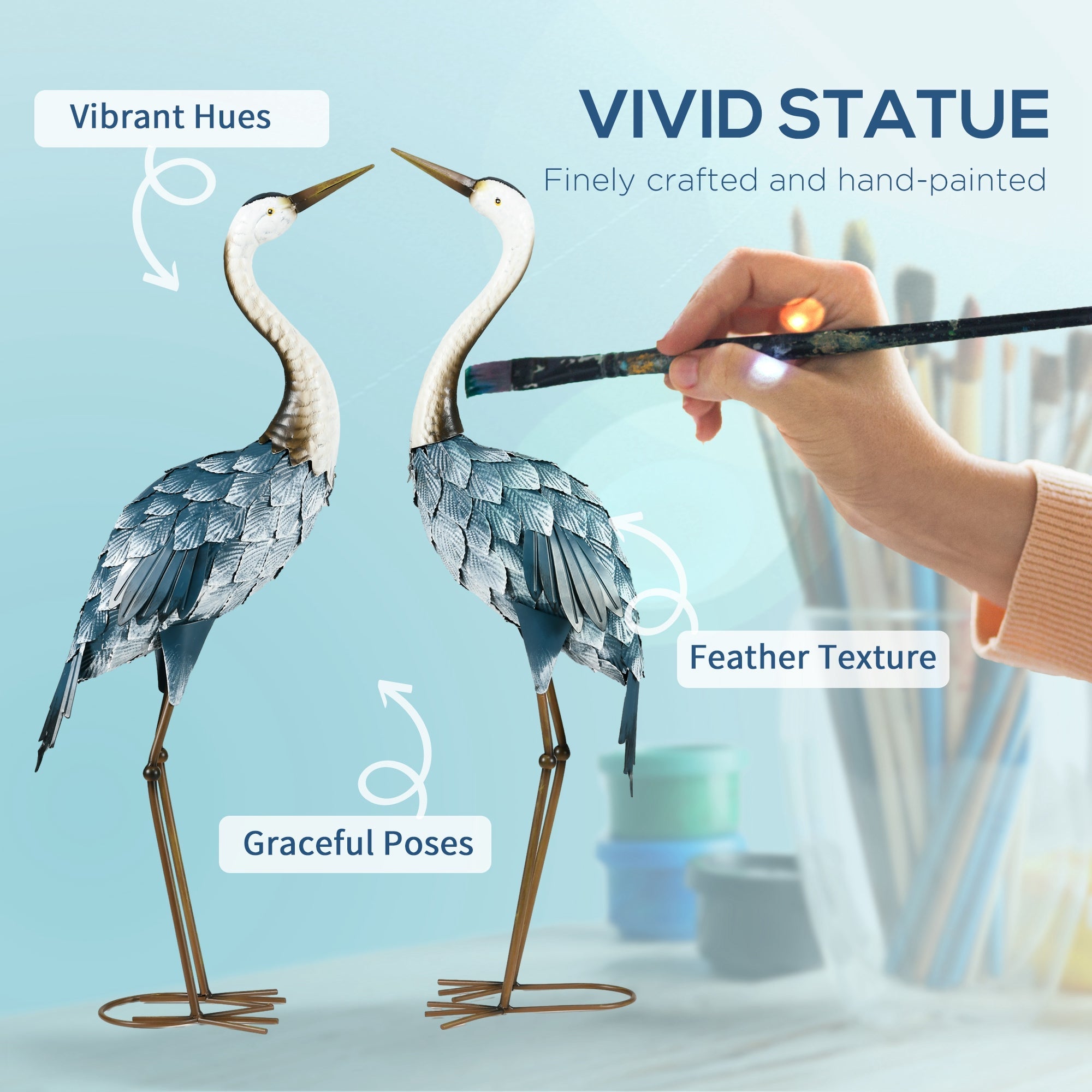 Outsunny Set of 2 Garden Sculptures Crane Statues Lawn Patio Backyard Ornaments, 28.5"-29.1", Blue