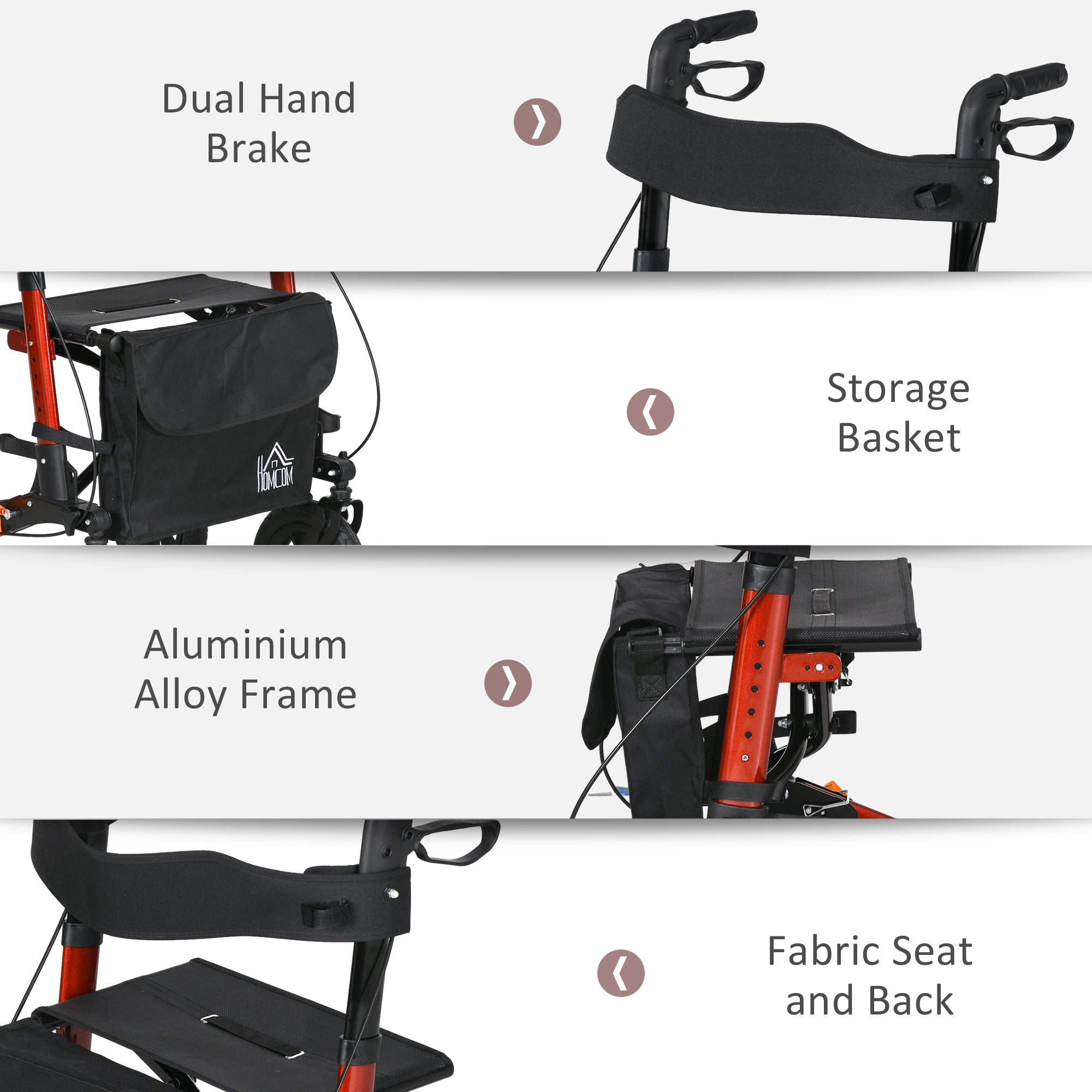 HOMCOM Rollator Walker for Seniors Adjustable Seat & Handle Folding Aluminum Frame Rubber Wheels Storage Bag Vibrant Red