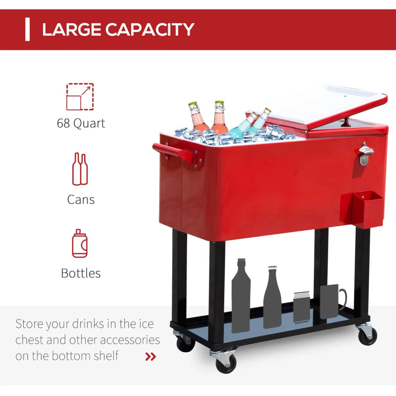 80 Quart Rolling Cooler Cart Portable Patio Ice Beer Beverage Cooling Bin w/ Bottle Opener & Storage Shelf Red