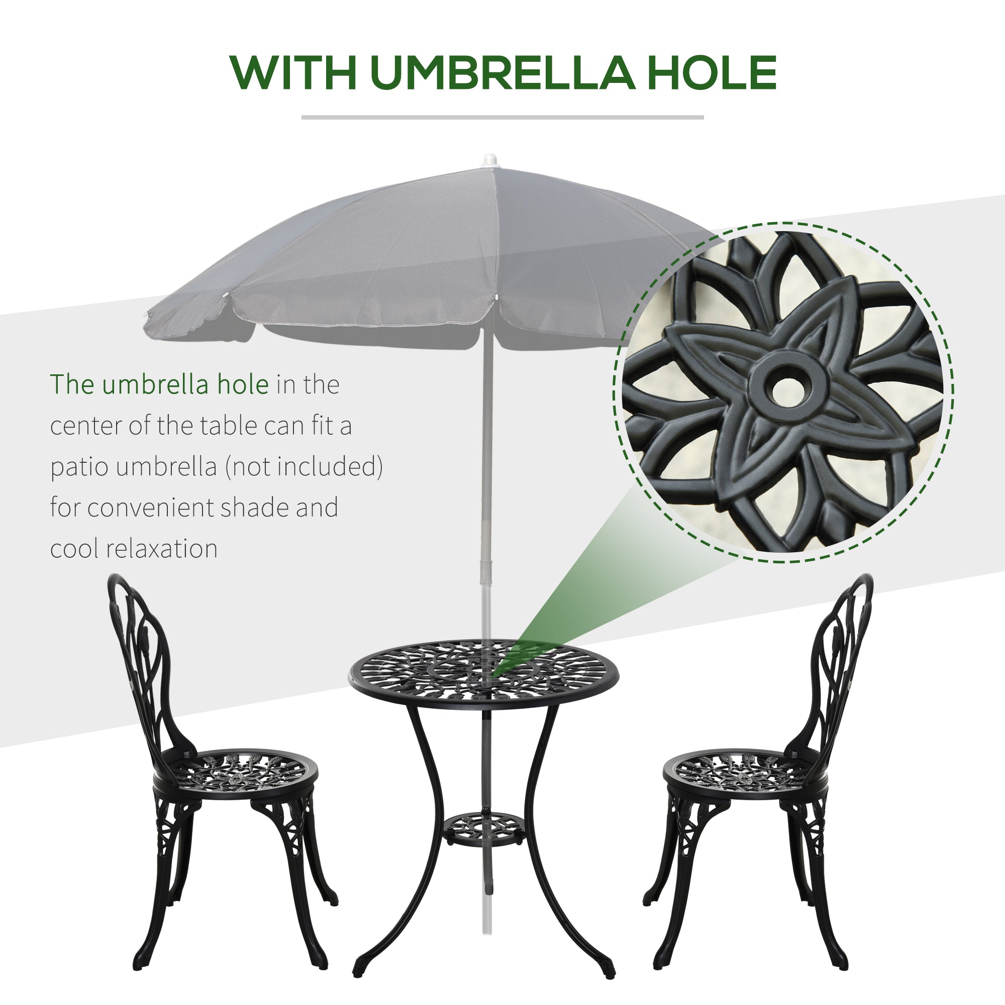 Outsunny Patio Bistro Set 3pc Cast Aluminum Outdoor Furniture with Umbrella Hole Garden Table & Chairs Black