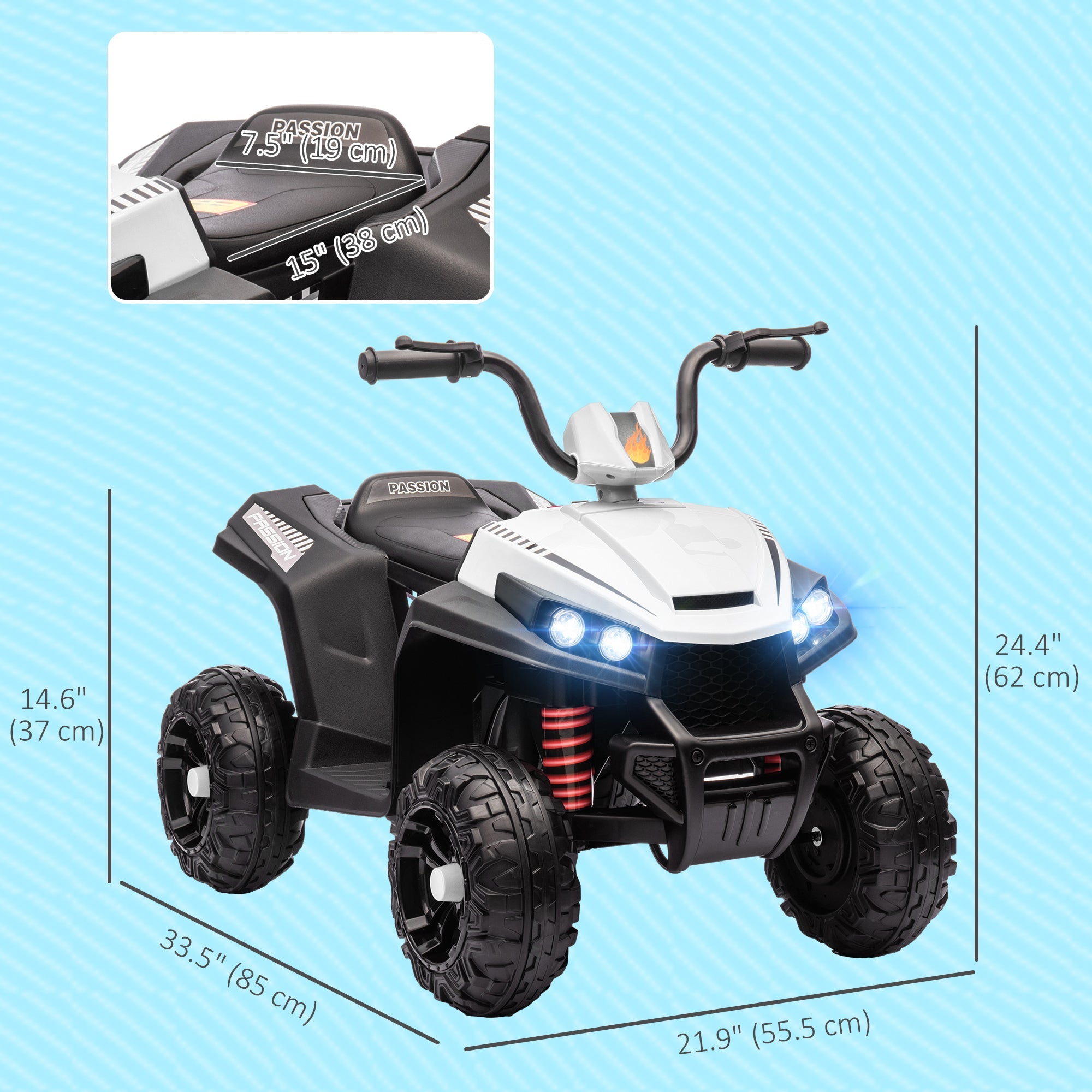 Qaba 12V Kids ATV with Four Wheels Spring Suspension, Forward & Backward, LED Light, MP3, Music, White